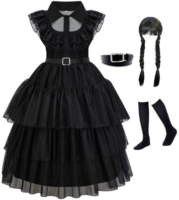 Gz-Laopaitou Black Wednesday Costume Girls Dress For Kids Wednesday Family Costumes Halloween Cosplay Party Dress 4-5Y