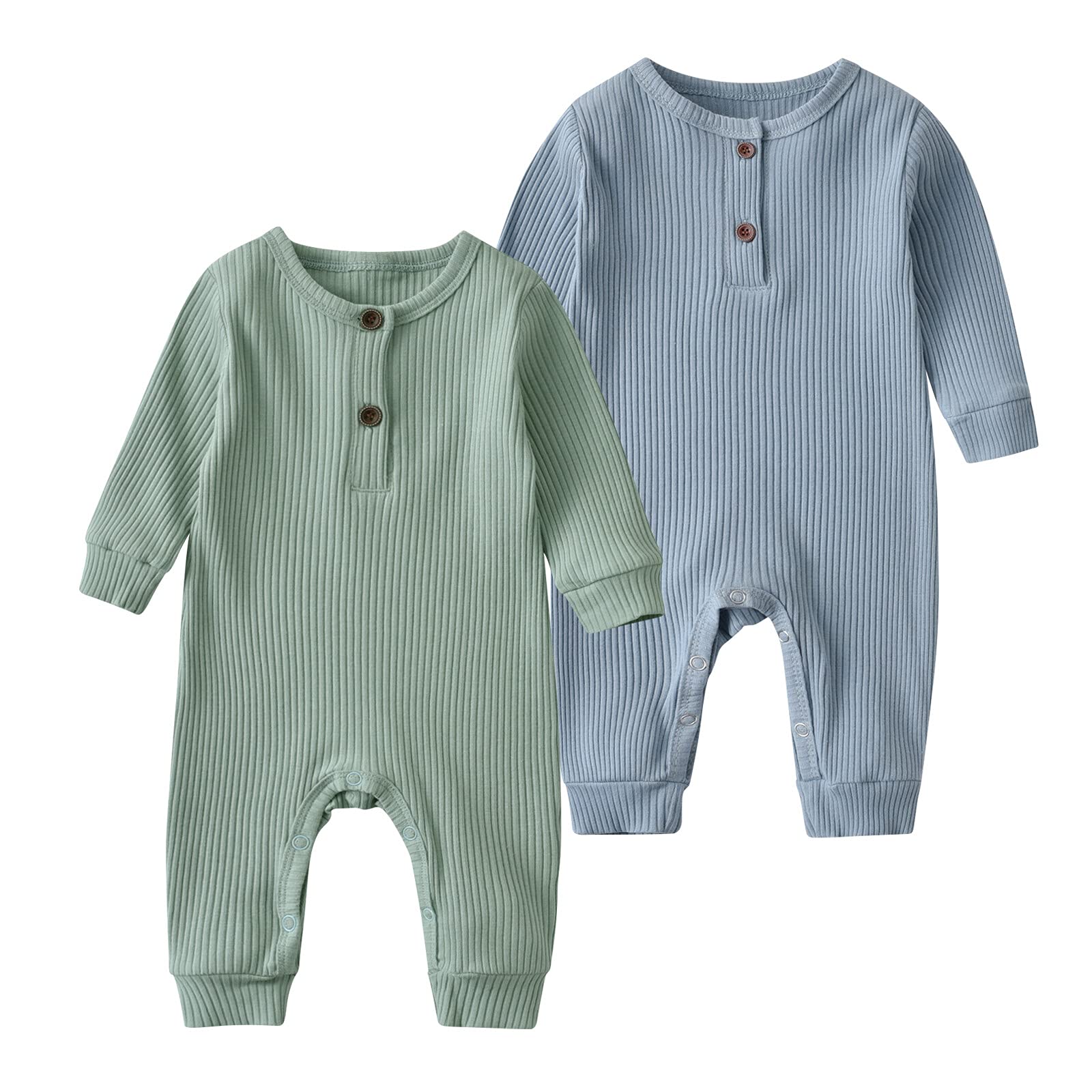 Baby Boy Girl 2 Pack Solid Romper Short/Long Sleeve One Piece Jumpsuits Clothes Sets (Blue & Light Green, 9-12 Months)