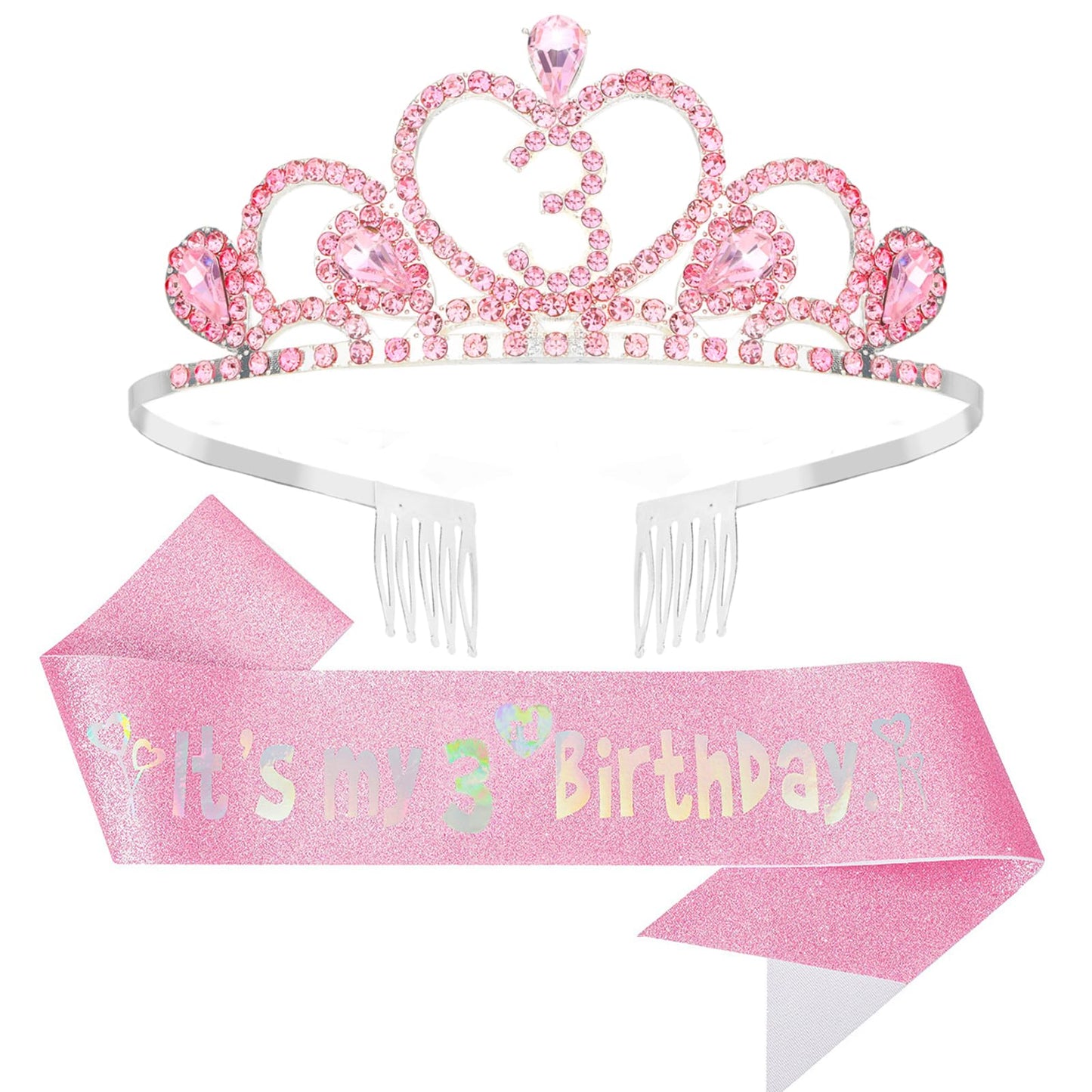 CIEHER 3rd Birthday Decorations for Girls - 3rd Birthday Crown and Sash with Pearl Pin Set - Pink