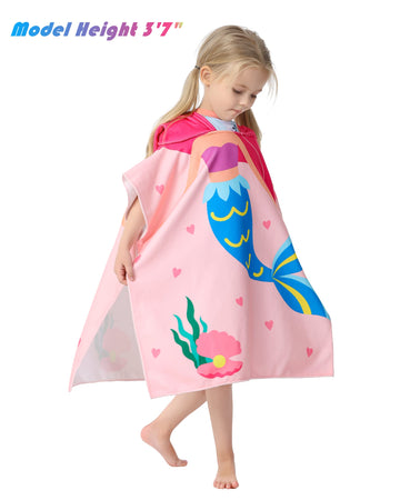 Athaelay Pink Mermaid Hooded Beach Towel Poncho For Kid Girls Toddlers Bath Pool Swim Poncho Cover-Ups Swimwear Soft Lightweight