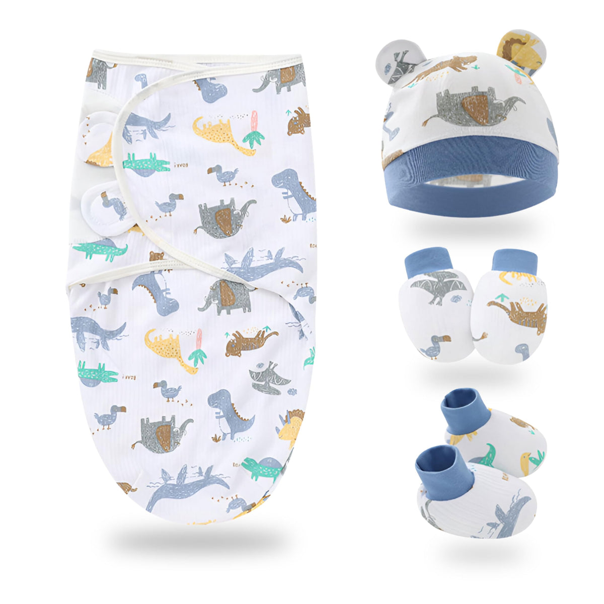 BEMBIKA Newborn Baby Essentials Dress Set Clothing Combo With Swaddle Wrap, Mittens, Cap And Booties (Animal Print  Set Of 4)