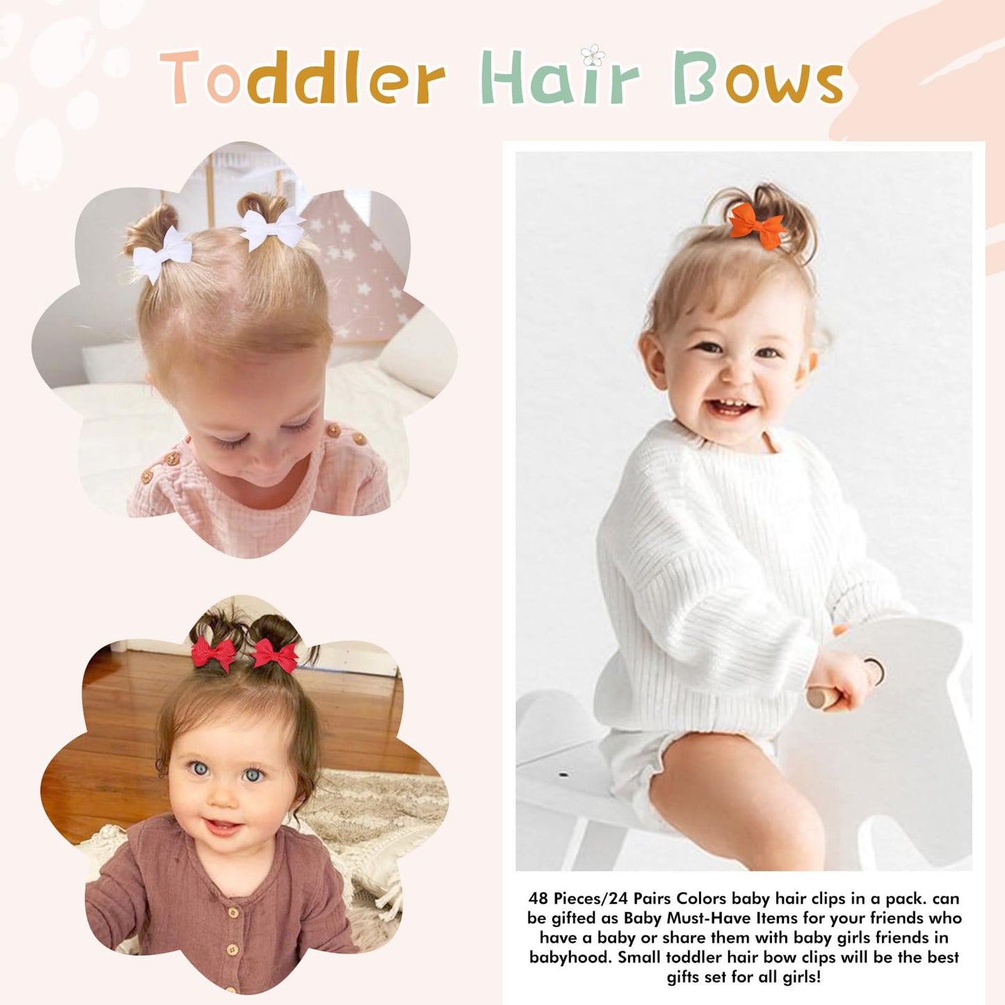 48Pcs Oaoleer Fully Lined Hair Clips And Bows For Baby Girls, Infants & Toddlers - Tiny Alligator Clips In 24 Color Pairs (Style