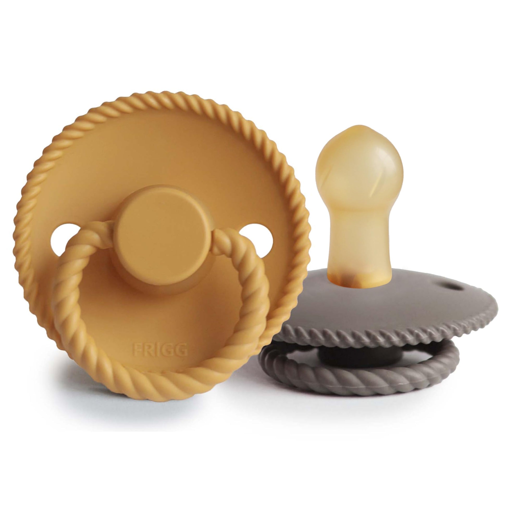 FRIGG Rope Natural Rubber Baby Pacifier | Made in Denmark | BPA-Free (Honey Gold/Portobello, 0-6 Months)