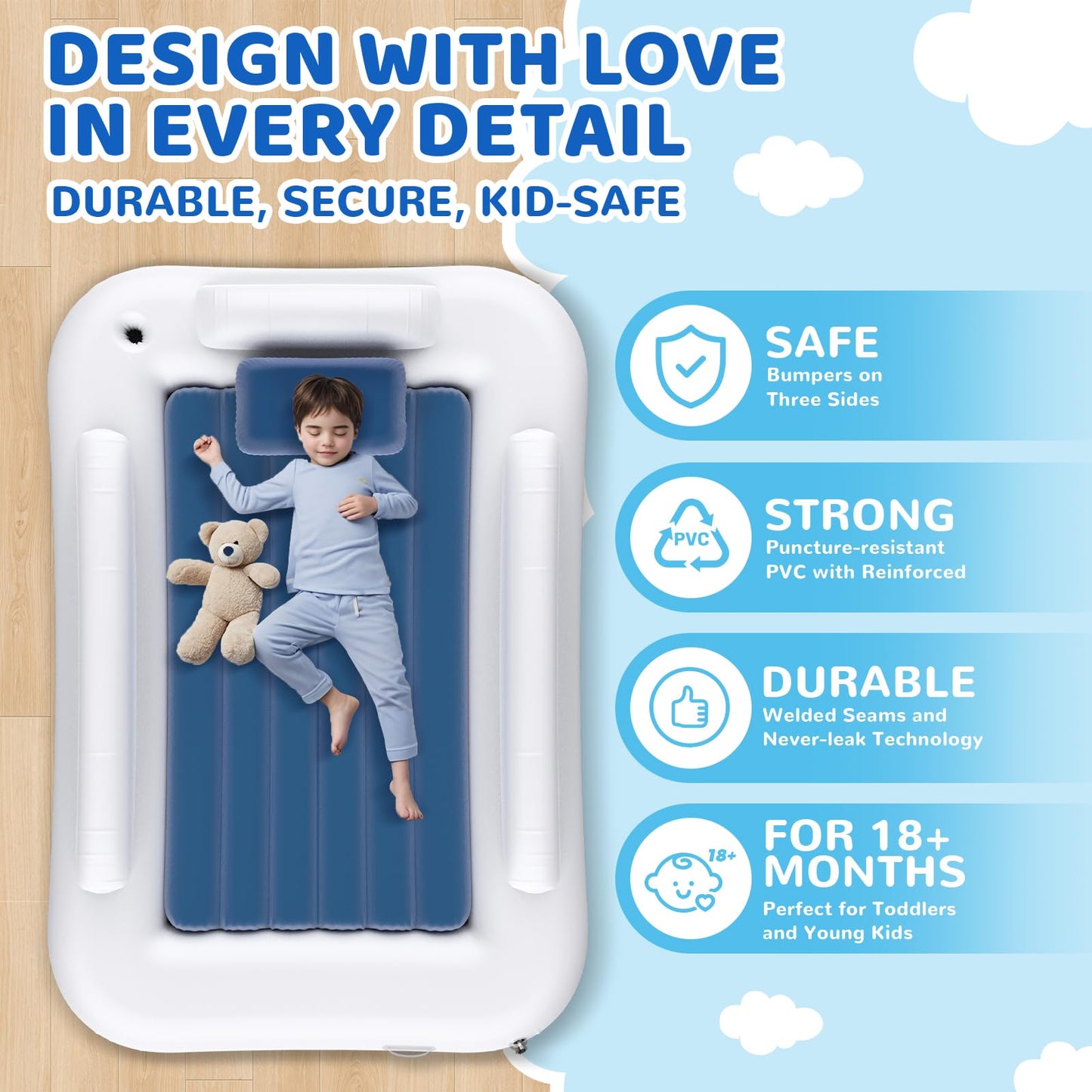 Deeteck Inflatable Toddler Travel Bed - 60 Inches Portable Toddler Bed For Travel With Safety Sides - Cozy Kids Air Mattress Set