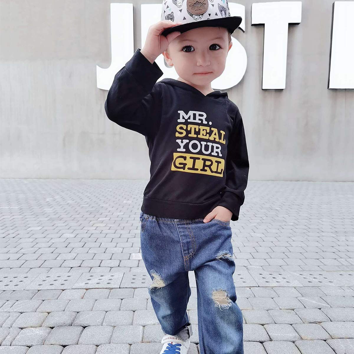 Nzrvaws 18 Months Boy Clothes Toddler Boy Clothes 24 Months Long Sleeve Sweater Hoodie Top + Ripped Jeans Long Pants Clothes Set