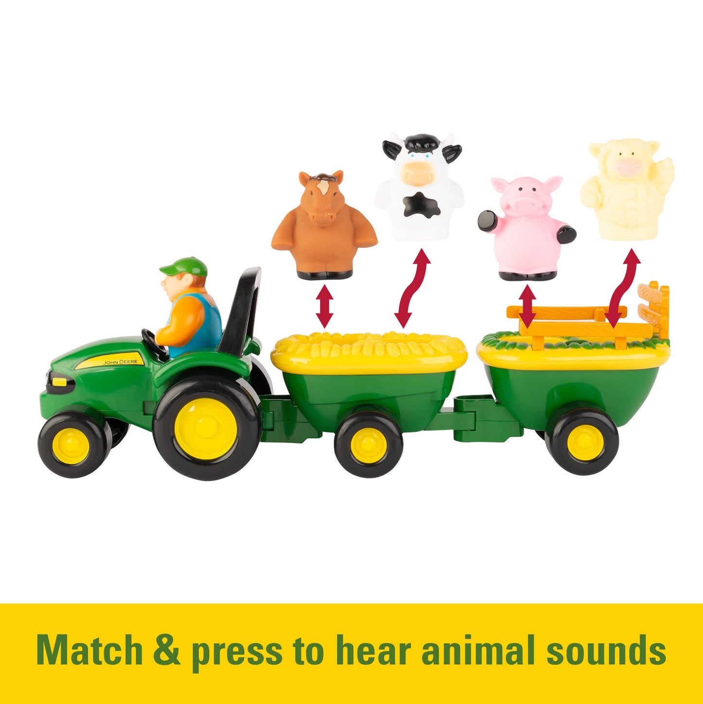 TOMY John Deere Animal Sounds Hayride Musical Tractor Toy - Musical Hayride Toddler Toys - Includes Farmer Figure, Tractor, and
