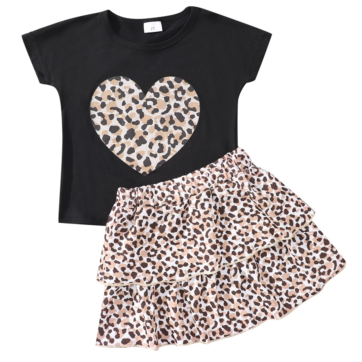 Akyzic Girls Summer Outfit Two Piece Clothing Set Heart Print Shirt Cheetah Print Layered Back To School Skirt Sets 6 Years