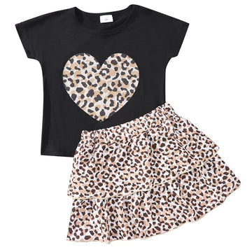 Akyzic Girls Summer Outfit Two Piece Clothing Set Heart Print Shirt Cheetah Print Layered Back To School Skirt Sets 6 Years
