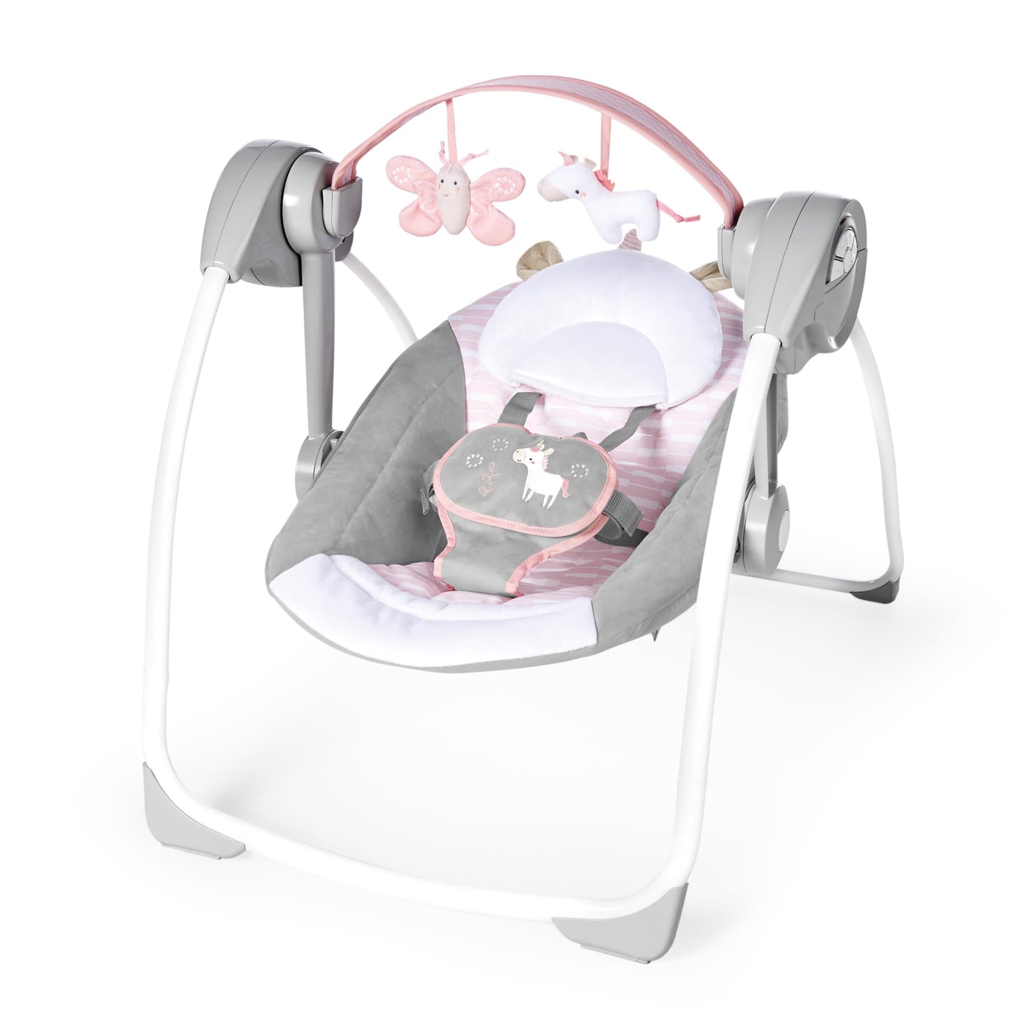 Ingenuity Comfort 2 Go Compact Portable 6-Speed Cushioned Baby Swing With Music, Folds Easy, 0-9 Months 6-20 Lbs (Pink Flora The