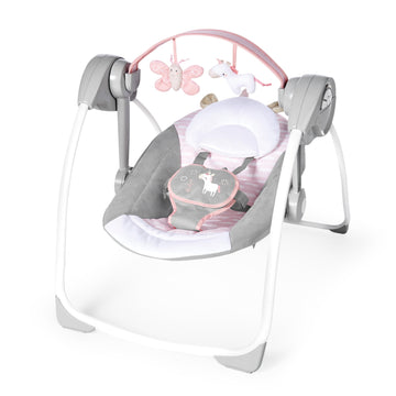 Ingenuity Comfort 2 Go Compact Portable 6-Speed Cushioned Baby Swing With Music, Folds Easy, 0-9 Months 6-20 Lbs (Pink Flora The