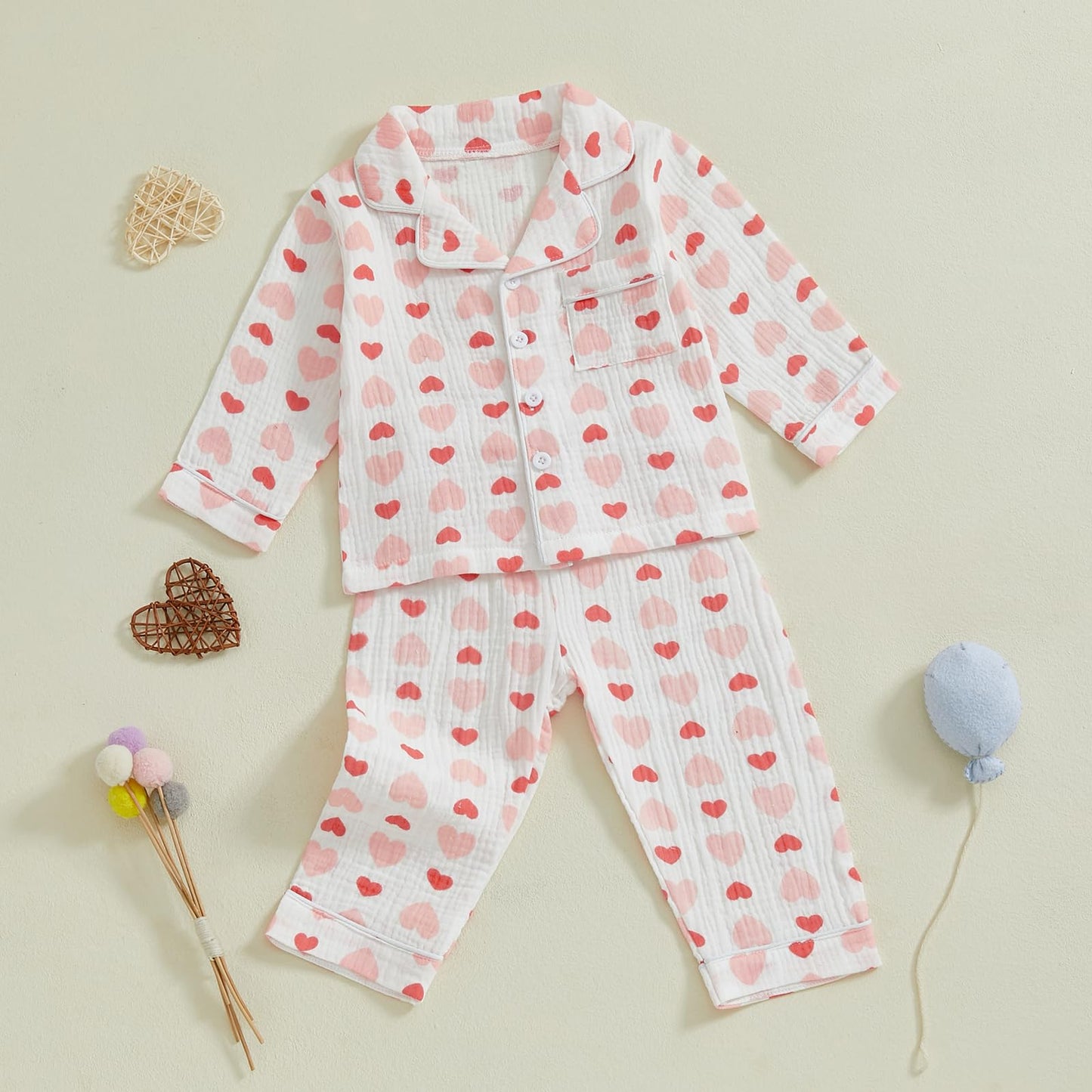 Nokpsedcb Toddler Boy Girl Valentines Pajamas Cute Heart Print Long Sleeves Shirt And Elastic Pants Loungewear Sleepwear (Pink H