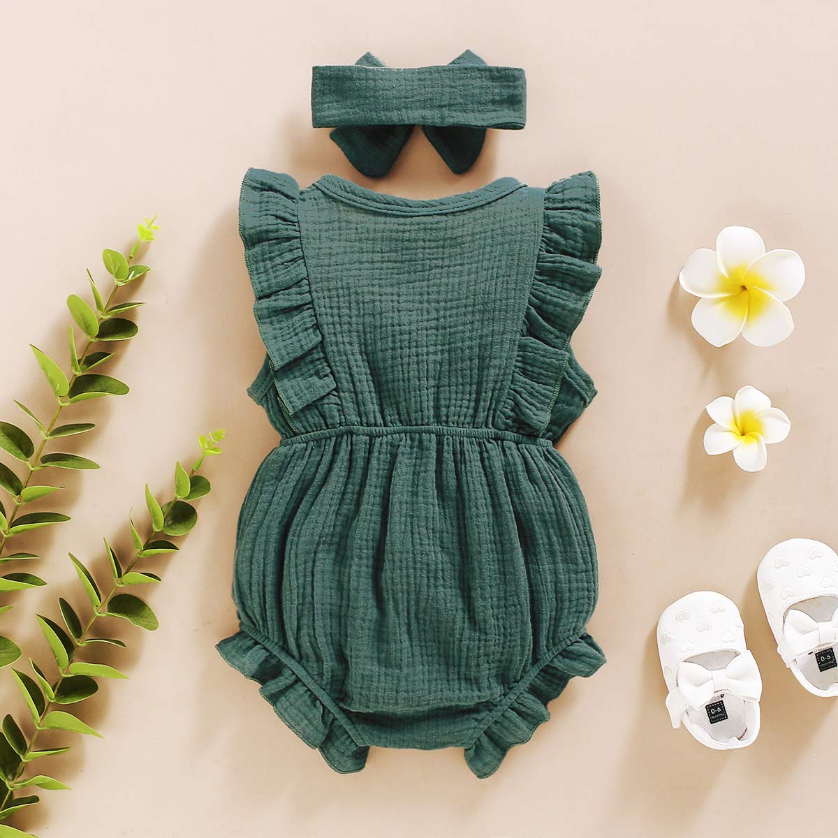 Younger Tree Toddler Baby Girl Ruffled Sleeveless Romper Casual Summer Jumpsuit Cotton Linen Clothes (Button-Green, 12-18 Months