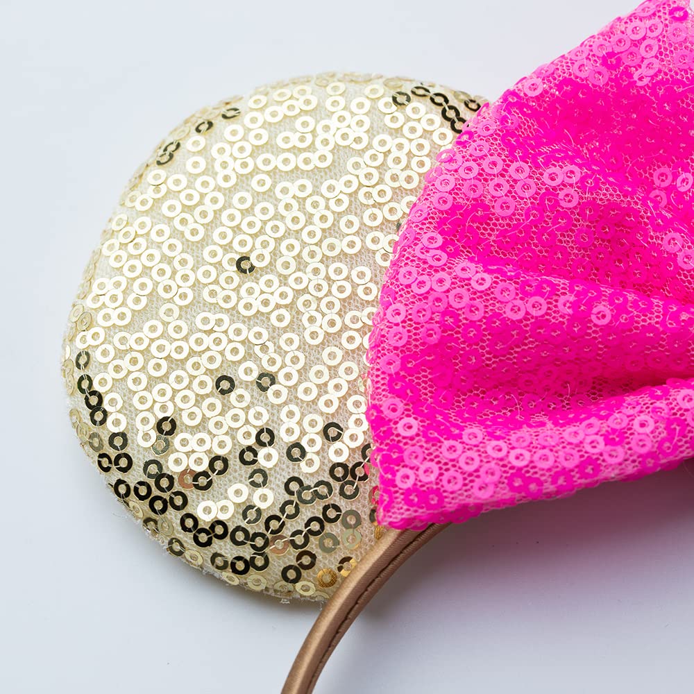 Foeran Mouse Ears Headbands Shiny Bows Mouse Ears Glitter Party Princess Decoration Cosplay Costume For Girls Women (Gold/Pink)