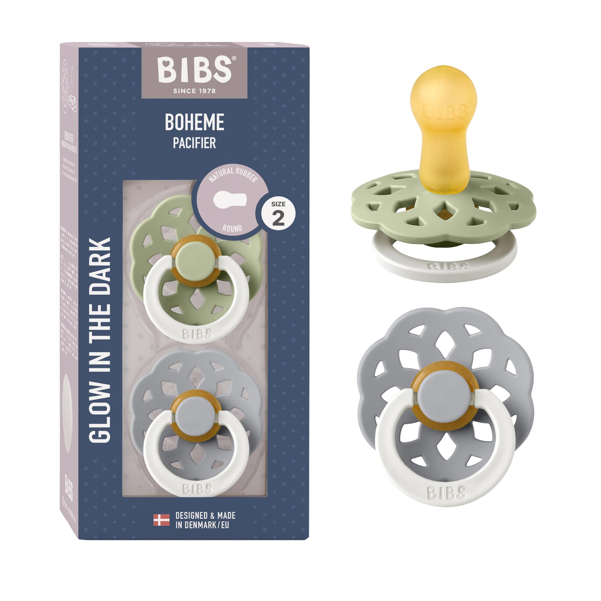BIBS Boheme Glow in The Dark Soother 2-Pack. BPA Free. Round Latex, Size 2 (6-18 Months), Sage Glow/Cloud Glow