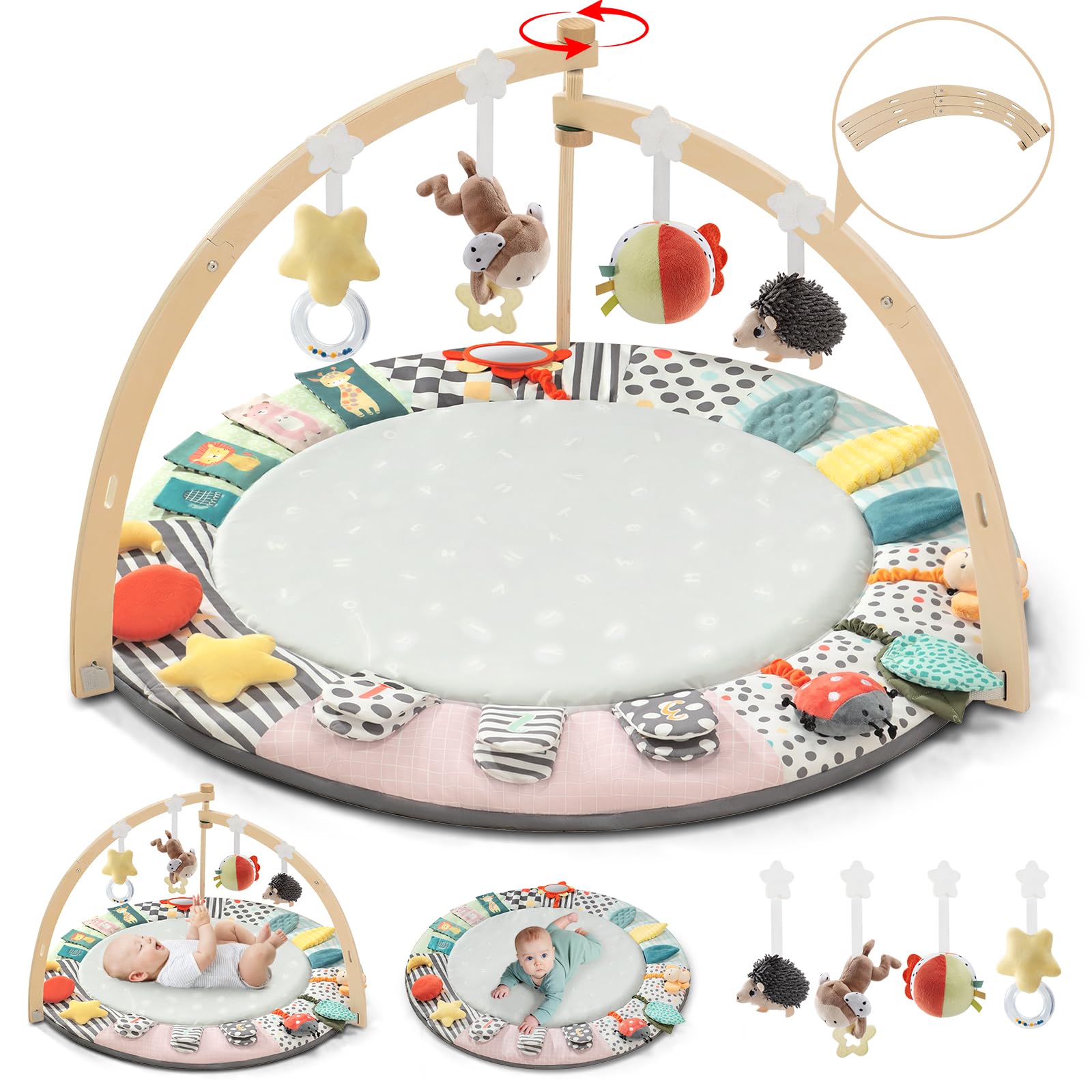 Suihuooo Baby Play Mat Activity Gym,6 Developmental Zones Tummy Time Mat, Foldable Wooden Baby Play Gym With 7 Detachable Sensor