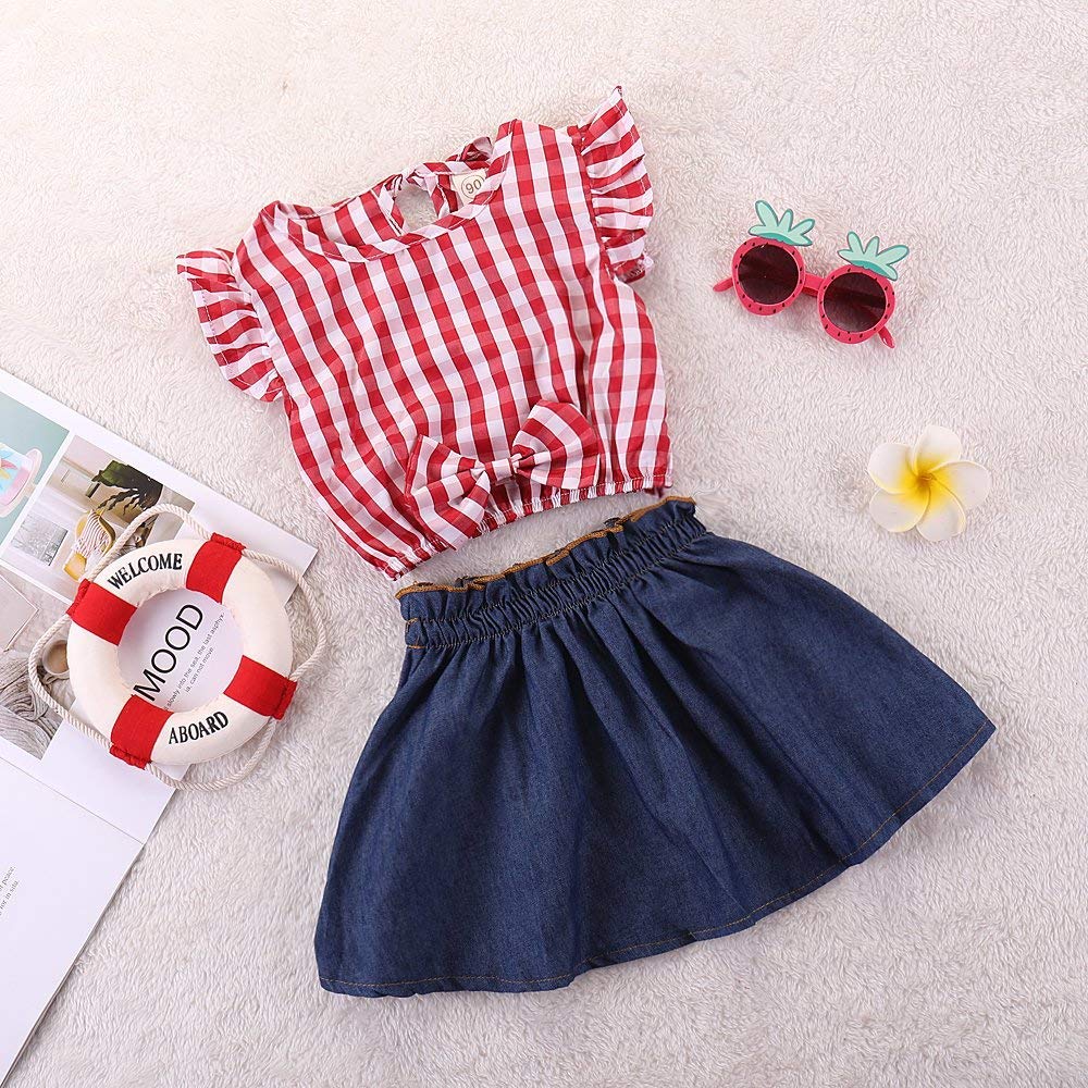 Toddler Baby Girl Red Plaid Outfits Ruffled Sleeve Crop Top Shirts With Bowknot+Denim Skirt Dress Summer Clothes Set (Plaid, 1-2