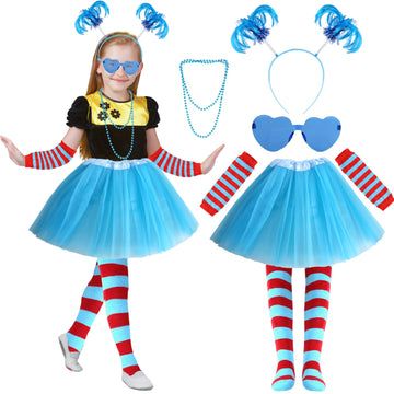 Tulle Tutu Skirt Set For Girls Carnival Cosplay, 3 Layered Tulle Tutu Skirt, Headband, Striped High Socks And Gloves Blue