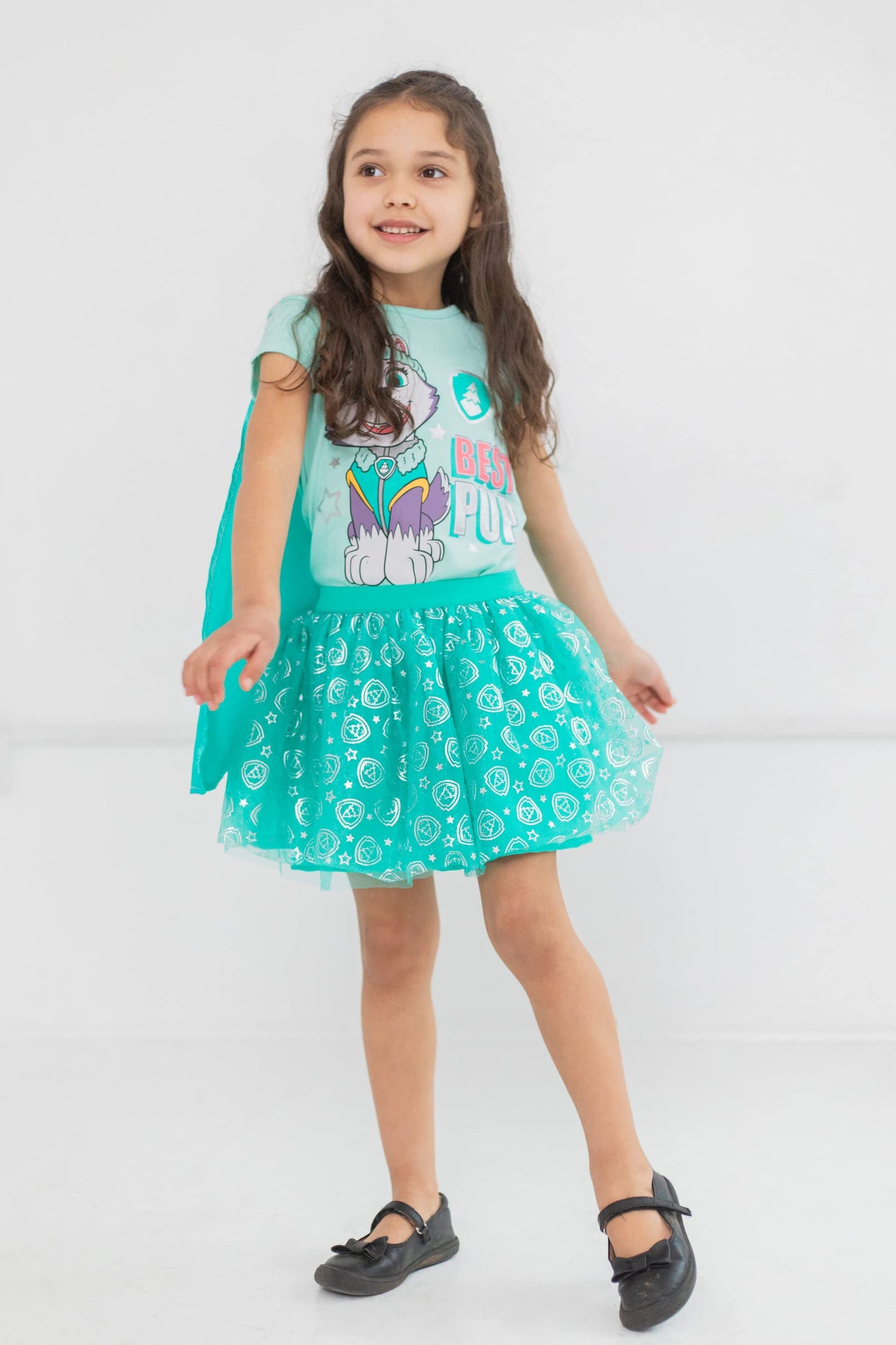 Paw Patrol Everest Little Girls Cosplay Costume T-Shirt Mesh Skirt Tulle Cape And Mask 4 Turquoise 6-6X
