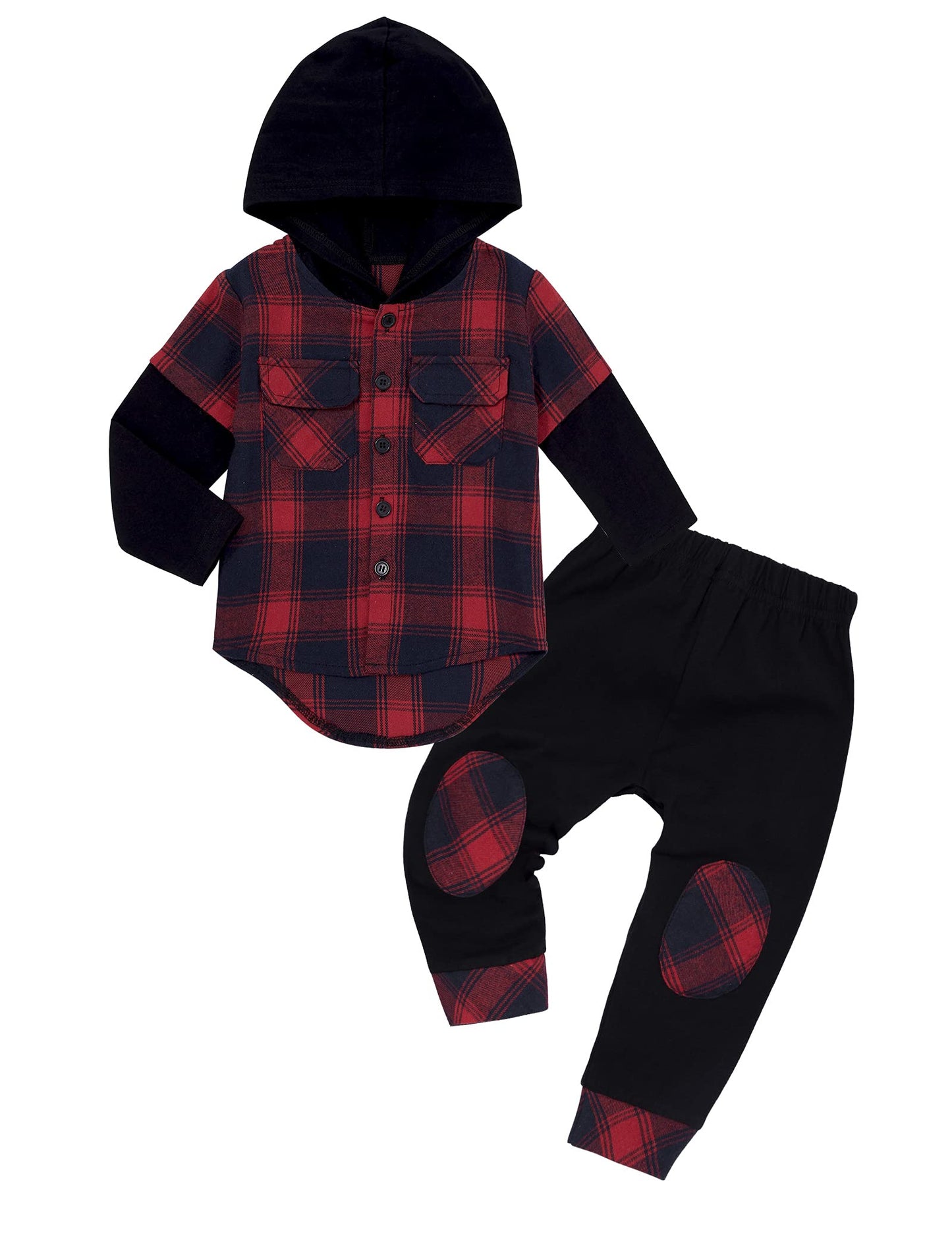 Donwen Toddler Baby Boys Clothes Flanel Lattice Button Down Hoodied Tops +Pants Boys Fall Winter Outfits(12-18 Months)
