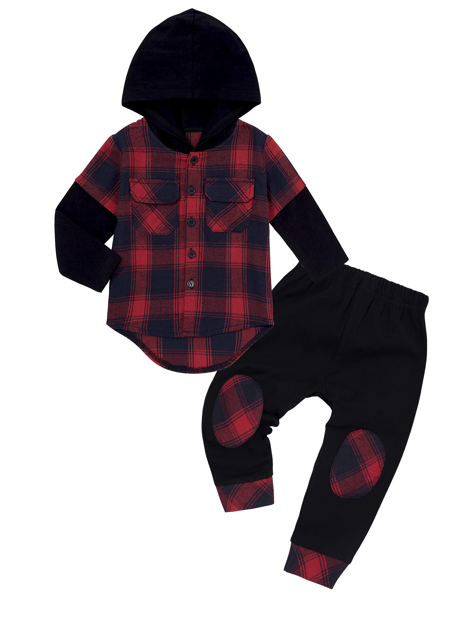 Donwen Toddler Baby Boys Clothes Flanel Lattice Button Down Hoodied Tops +Pants Boys Fall Winter Outfits(12-18 Months)