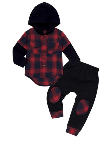 Donwen Toddler Baby Boys Clothes Flanel Lattice Button Down Hoodied Tops +Pants Boys Fall Winter Outfits(12-18 Months)