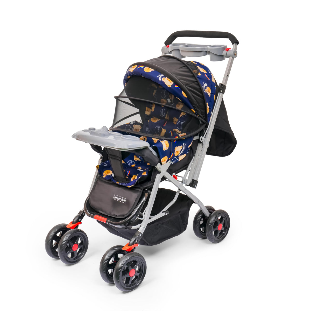 Steel Kit Baby Stroller, Black with Red Circle Pattern, Lightweight Foldable Pram with Canopy, Parent Tray, Storage Basket