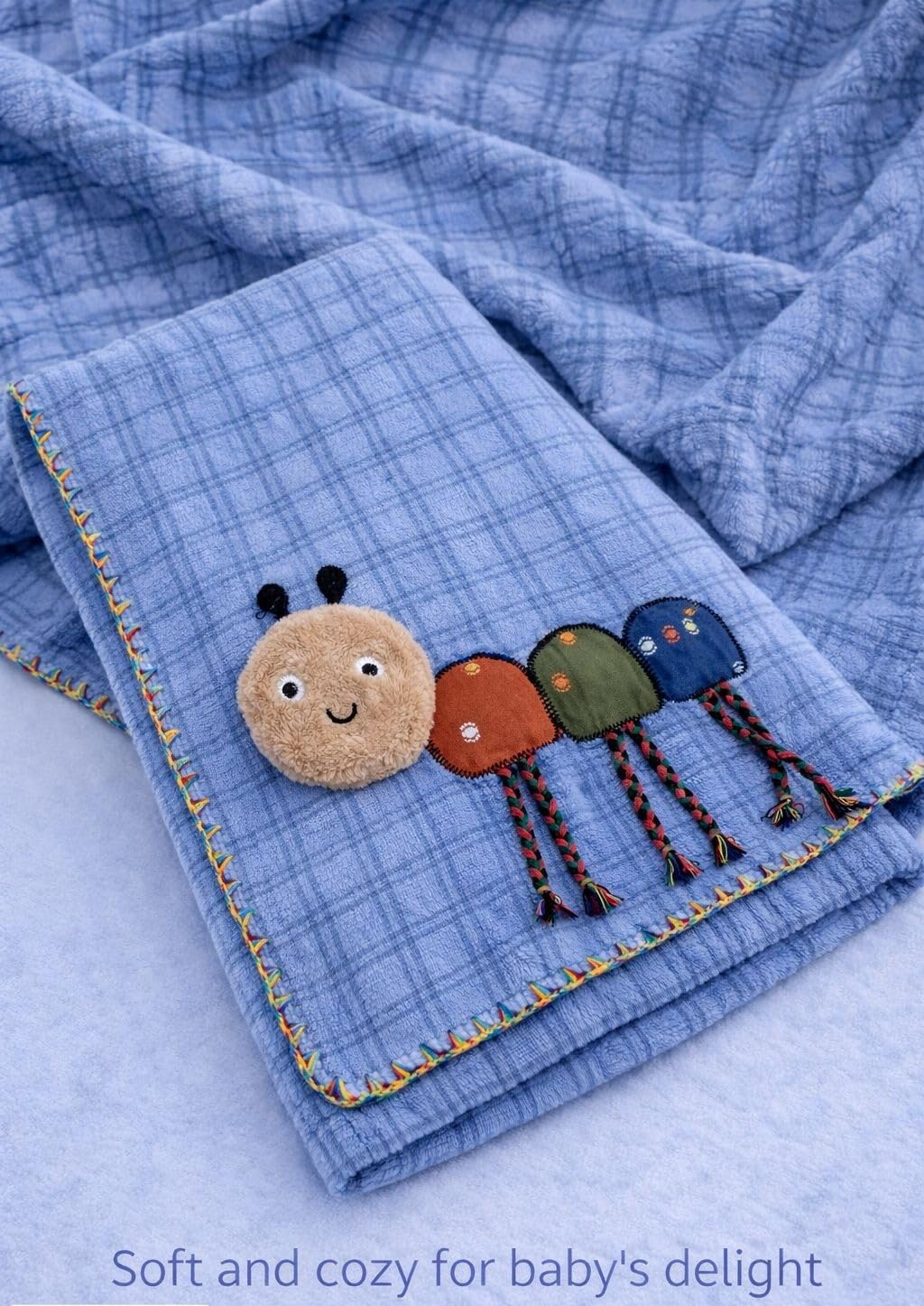 Hi mom Soft Baby Towel, Caterpillar Applique, Plaid Design, Cosy Muslin Wrap for Newborns (Blue, 50X100)