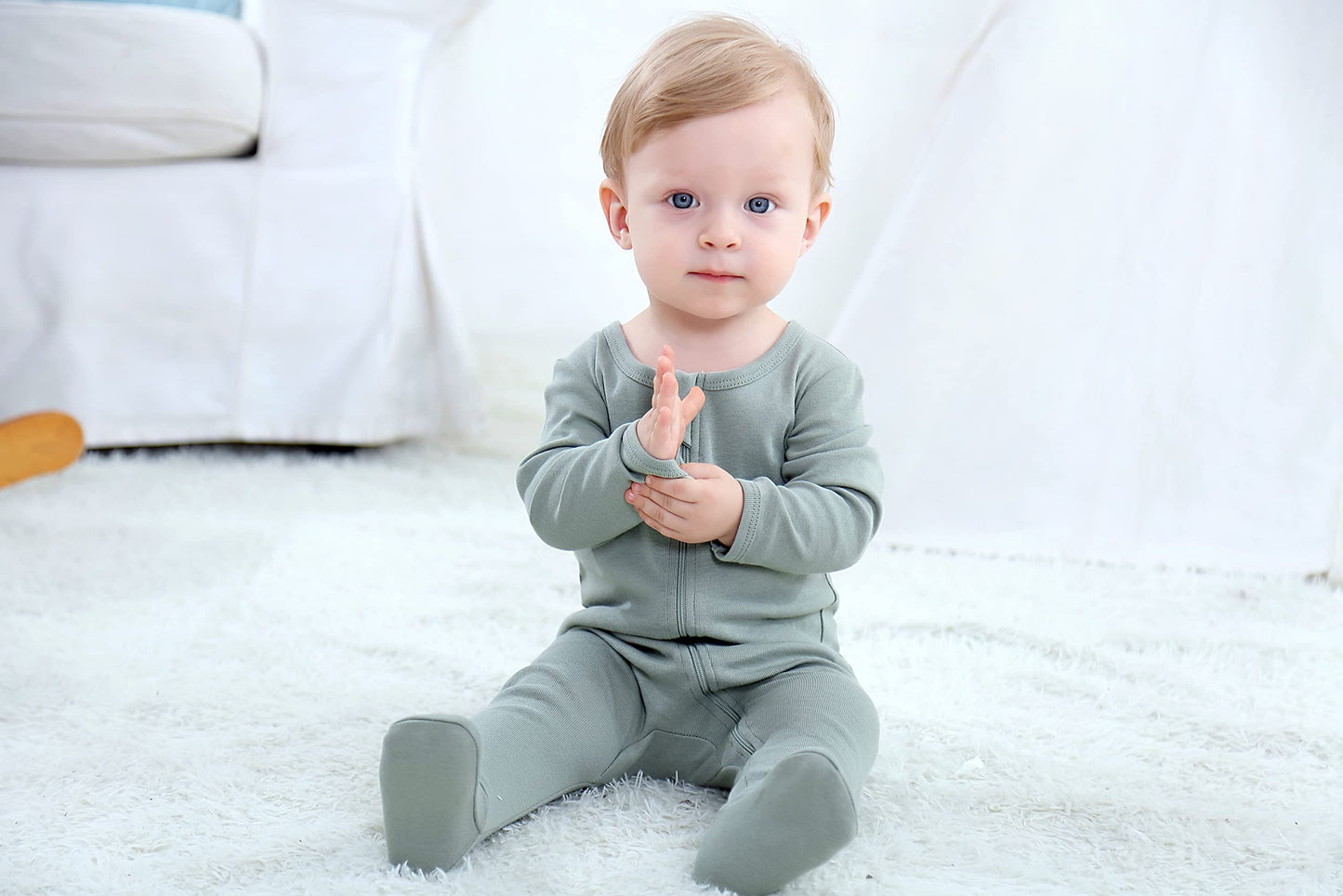 O2 Baby Baby Boys Girls Organic Cotton Zip Front Sleeper Pajamas, Footed Sleep  'N Play(Newborn, Sage)