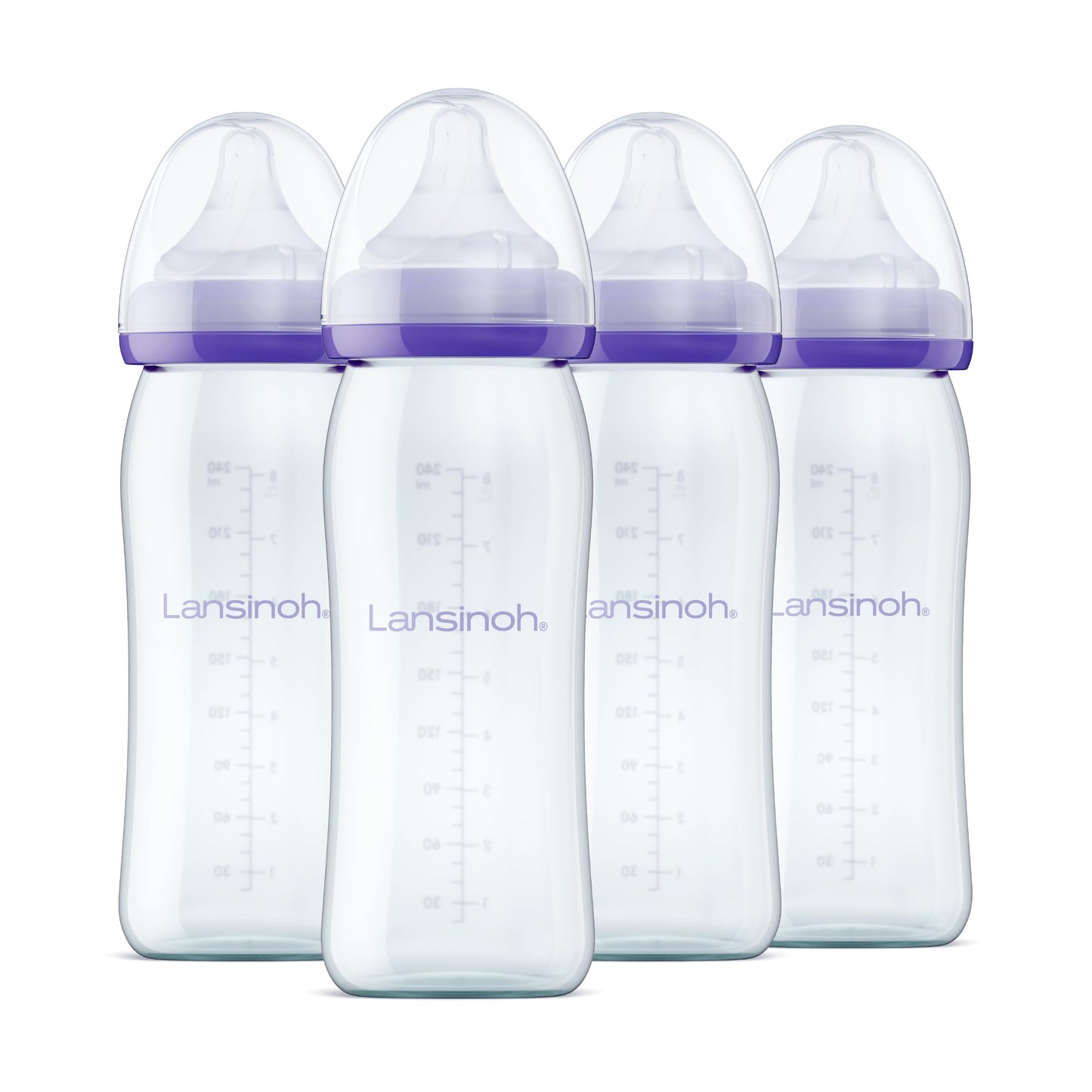 Lansinoh Anti-Colic Glass Baby Bottles For Breastfeeding Babies, 8 Ounces, 4 Count Bottles For Feeding, Baby Essentials, Include