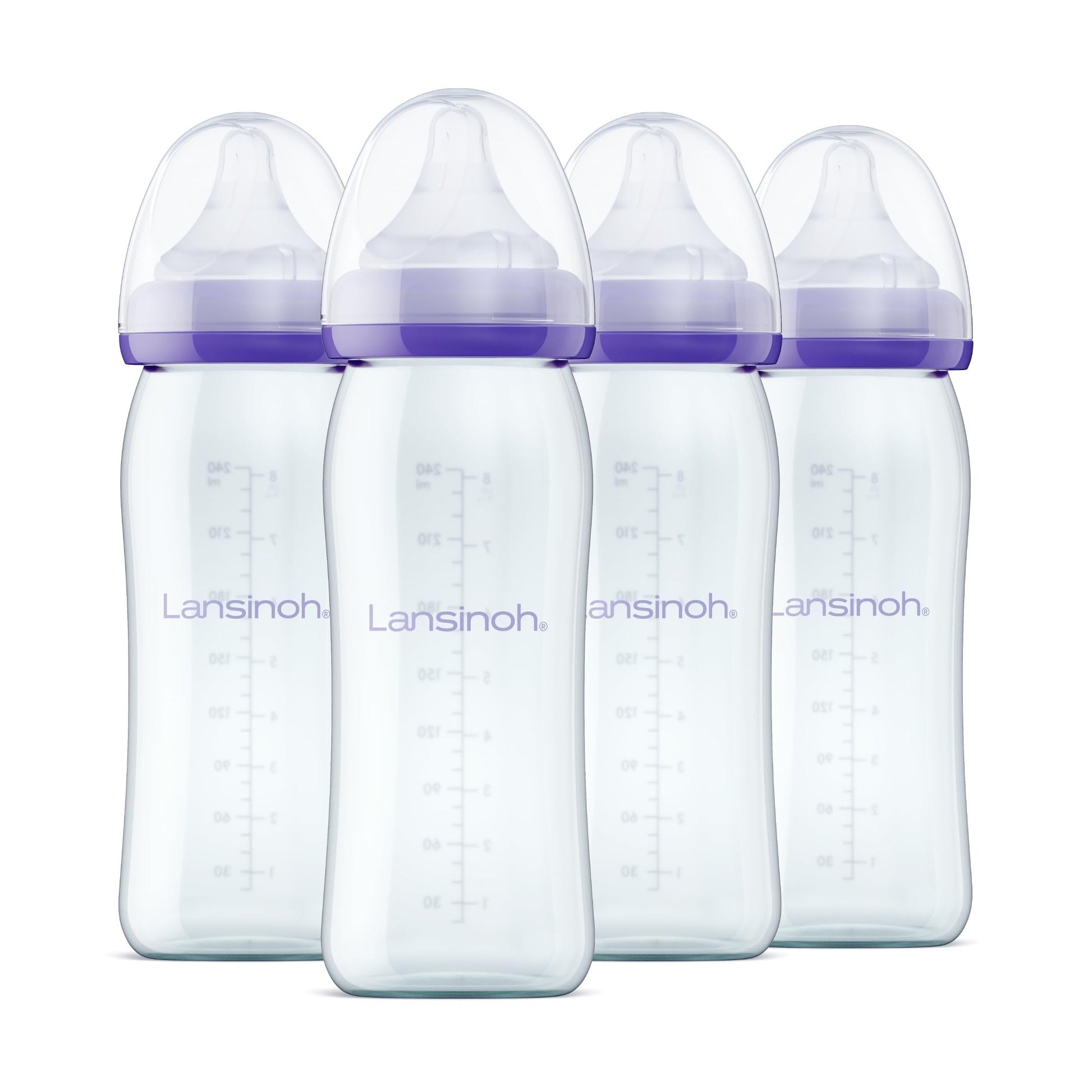 Lansinoh Anti-Colic Glass Baby Bottles For Breastfeeding Babies, 8 Ounces, 4 Count Bottles For Feeding, Baby Essentials, Include