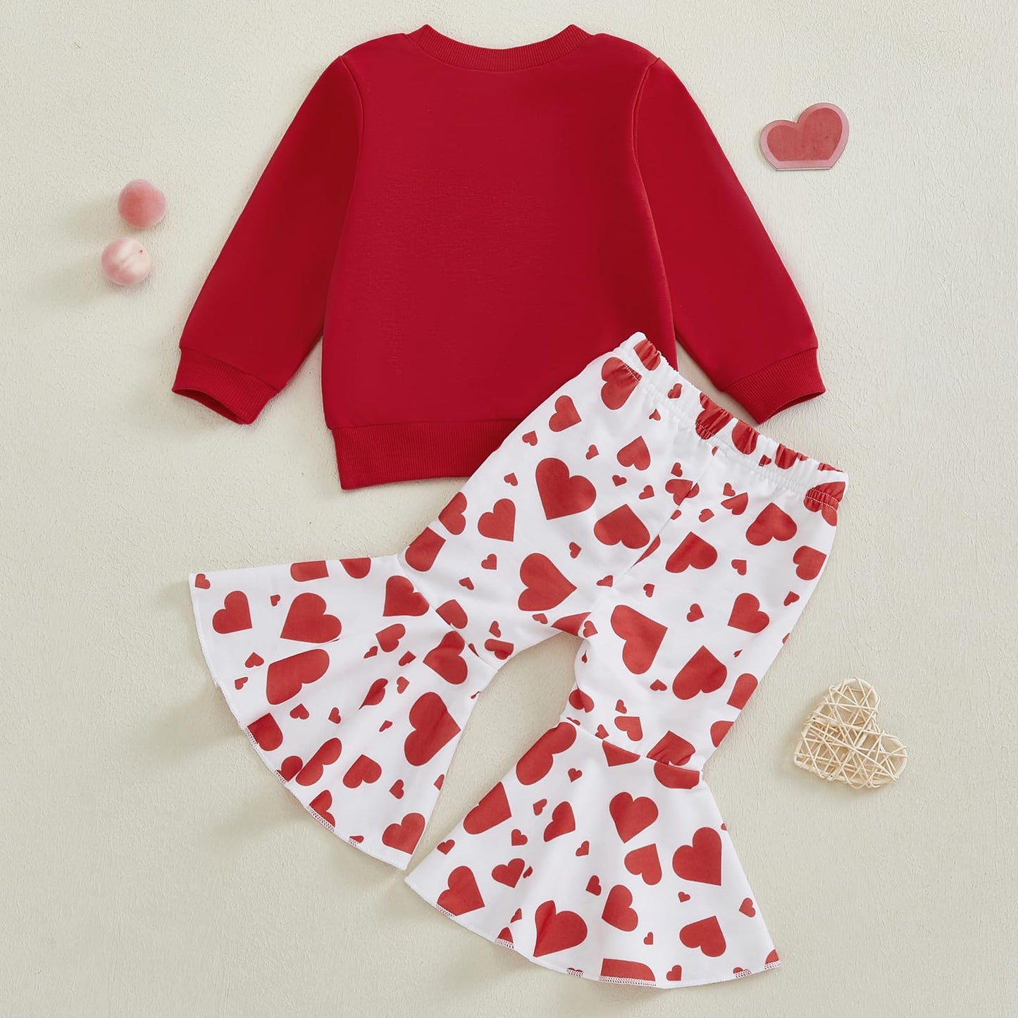 Iddolaka Toddler Baby Girls Valentines Day Outfits Long Sleeve Letter Sweatshirt Shirt Heart Flared Pants Spring Clothes (E-Red,