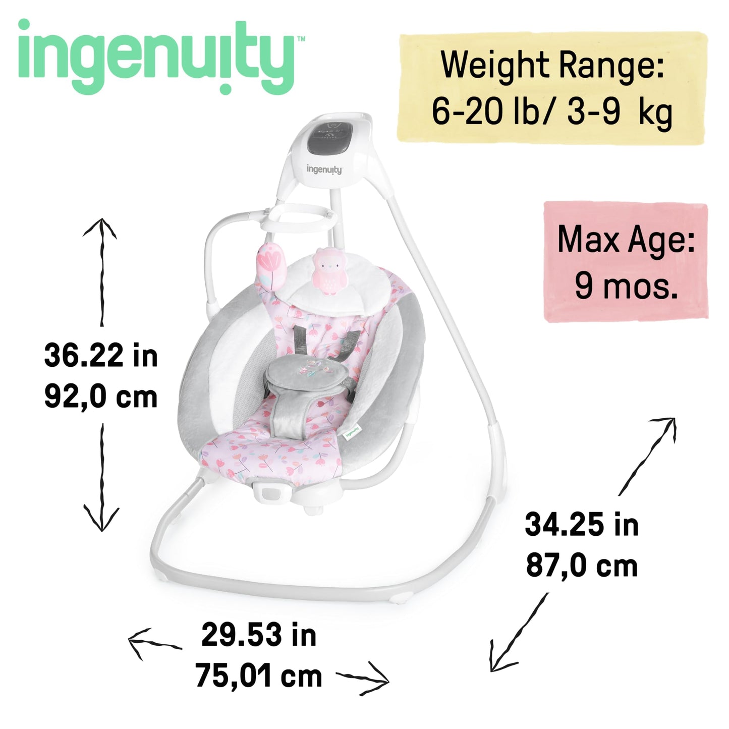 Ingenuity Simplecomfort Lightweight Compact 6-Speed Multi-Direction Baby Swing, Vibrations & Nature Sounds, 0-9 Months 6-20 Lbs