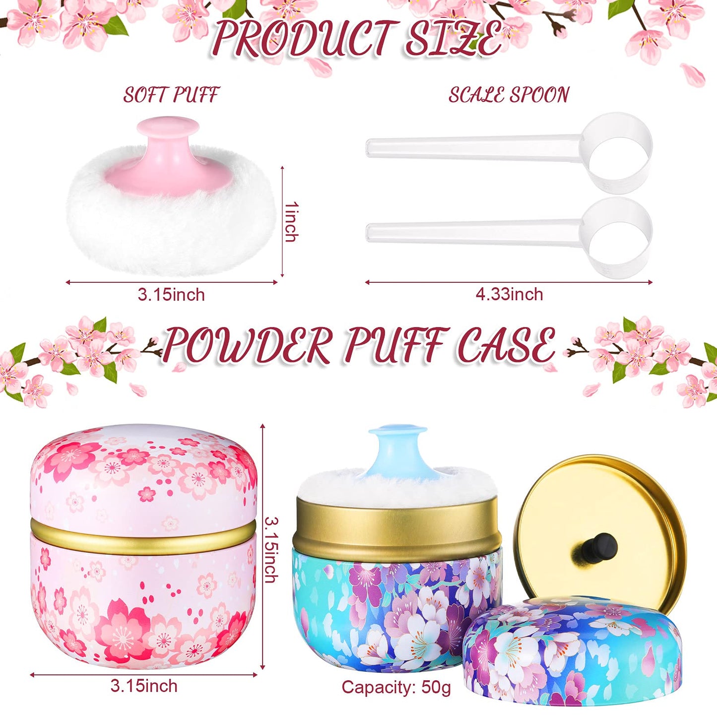 2 Pieces Body Powder Puff And Container, Soft Powder Puffs And 2 Pieces Spoon Loose Powder Tea Container Case Dusting Powder Box