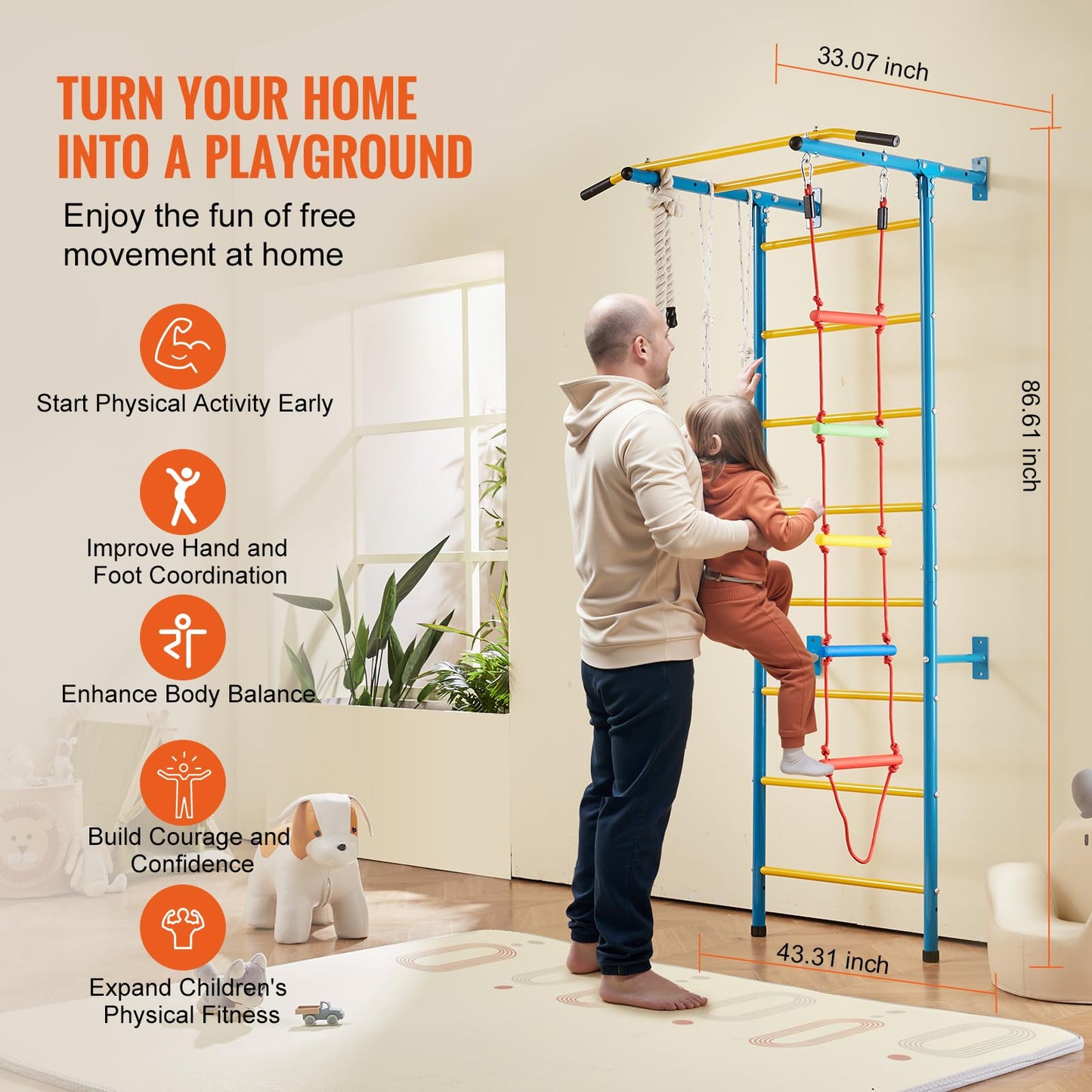 Vevor Indoor Jungle Gym For Toddlers, 5-In-1 Climbing Playset With Carbon Steel Swedish Ladder, Wall Ladder, Pull-Up Bar, Rope L
