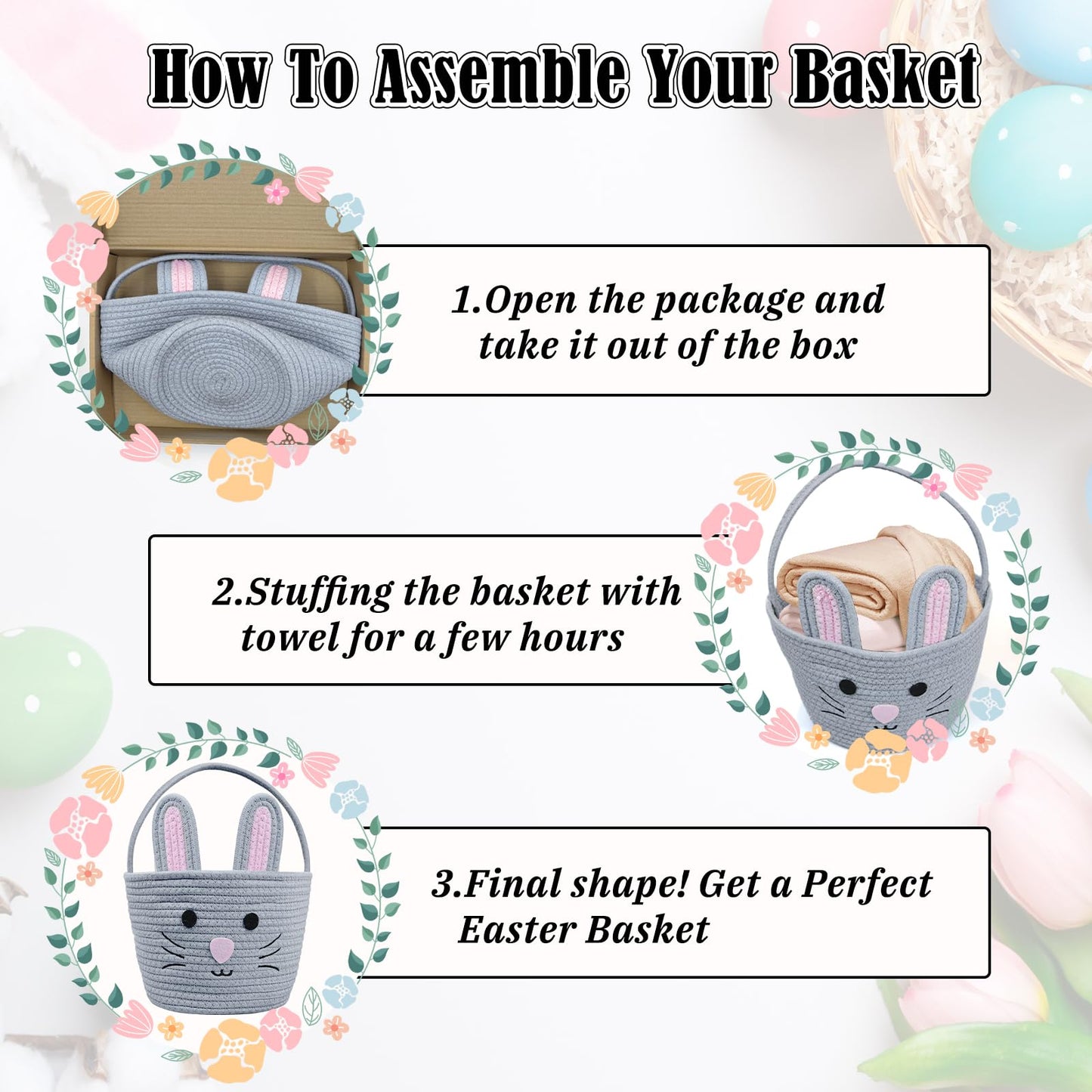 Brbecon Easter Bunny Basket For Kids With Name Tag, Grey Small Woven Easter Basket For Girls, Easter Egg Hunt Baskets Bags Easte