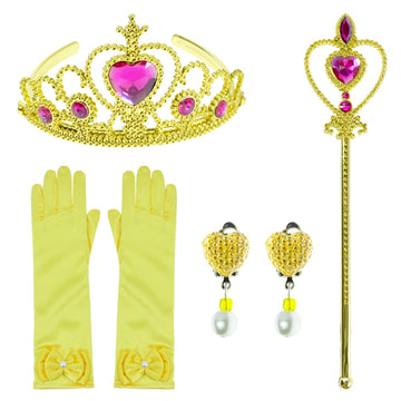 Princess Costume For Girls Birthday Party Fancy Dress Up With Accessories(Crown+Wand+Earrings+Gloves) 4-5 Years Yellow
