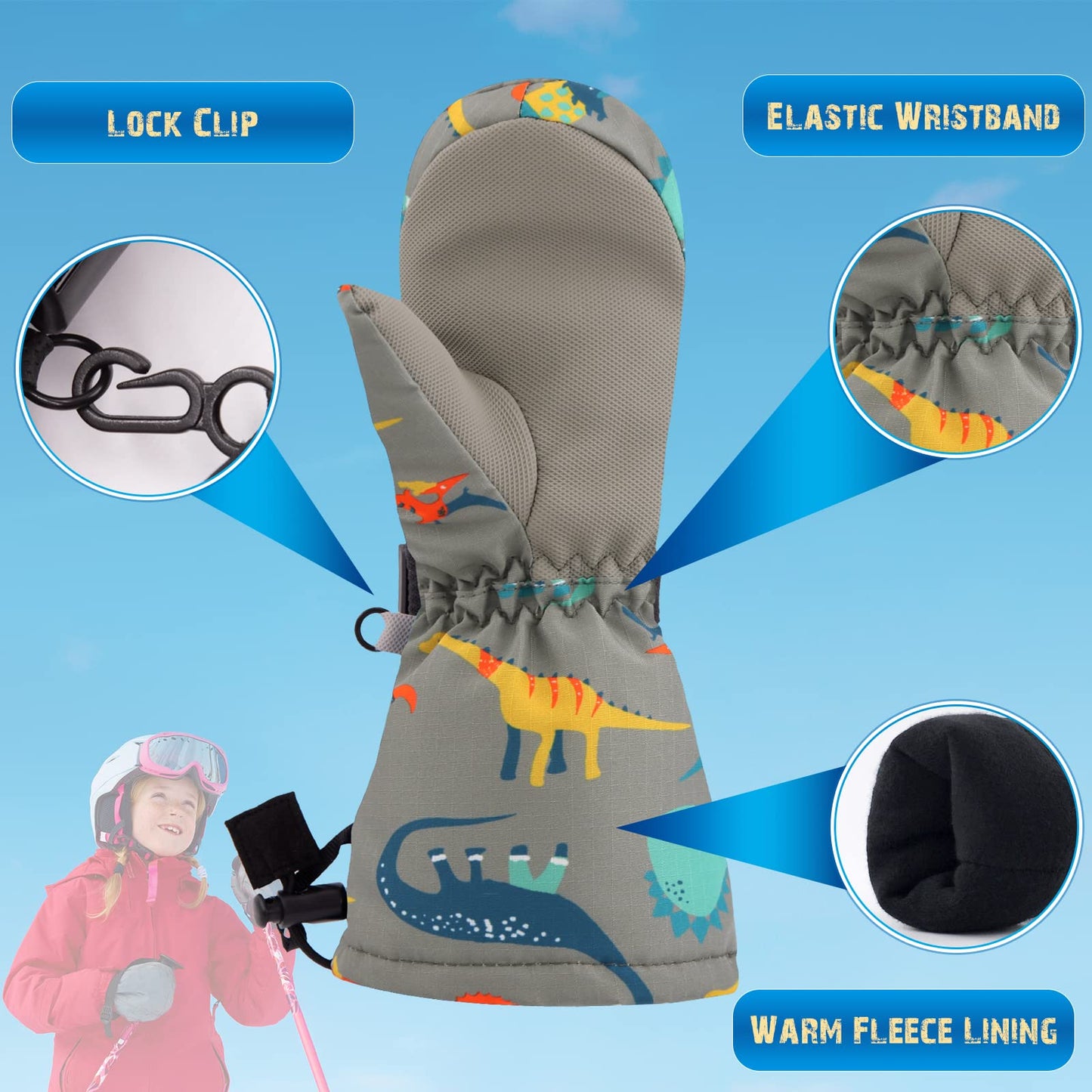 Winter Kids Waterproof Gloves For Boys Girls Snow Ski Toddler Baby Mittens Outdoor For Infant Teens 1-5T (N-Grey Orange Dinosaur