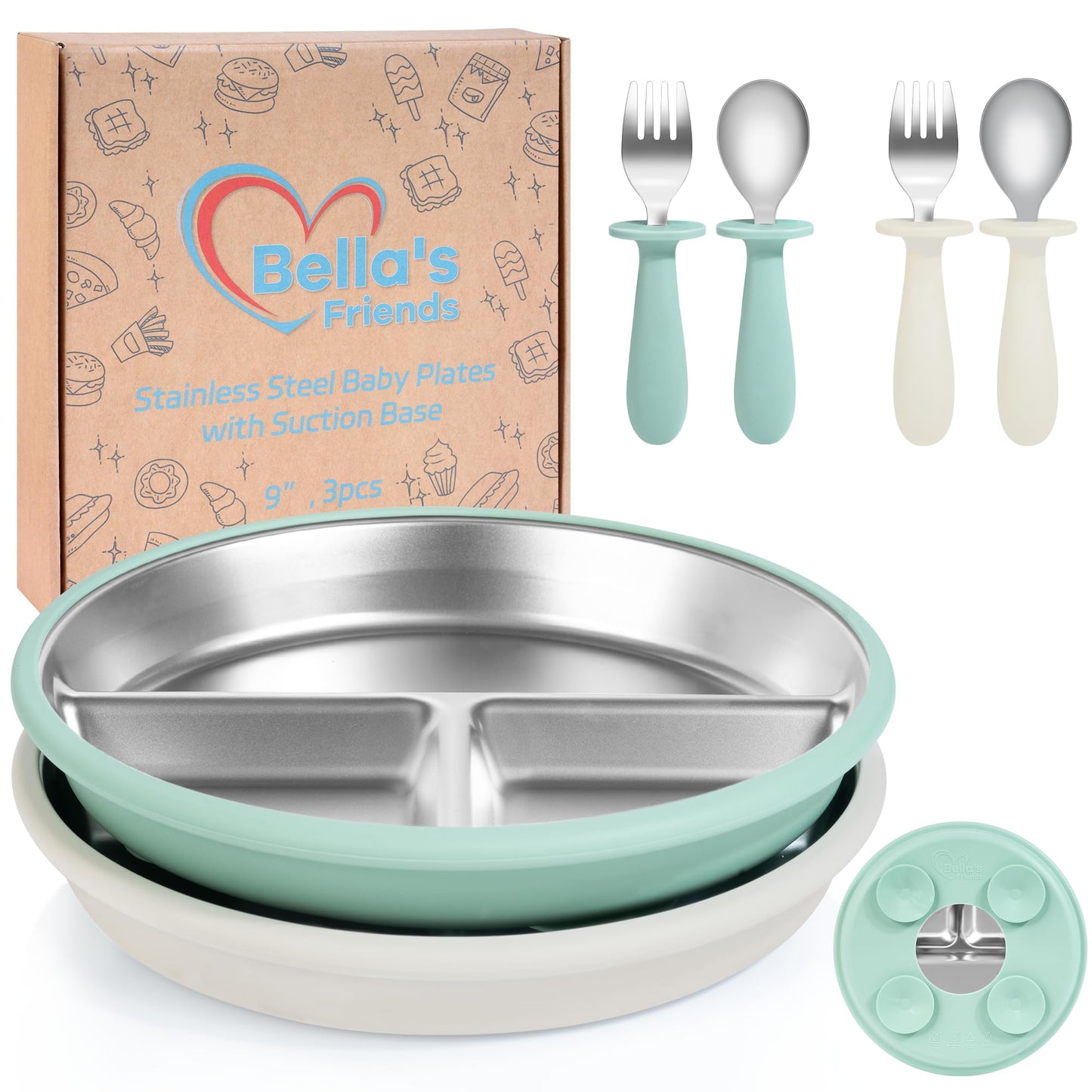 Baby Feeding Set| 2 Pack Stainless Steel Divided Suction Plate, 2 Set Toddler Spoons & Forks|BPA&LFree, Baby Led Weaning Supplie