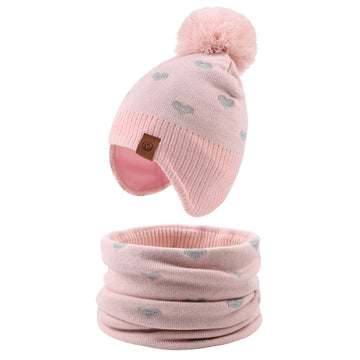 Jangannsa Knitted Baby Hat Scarf Set Winter Warm Boys Girls Beanie Fleece Lining Toddler Kids Hats With Pompom (Pink Heart(Hat+S