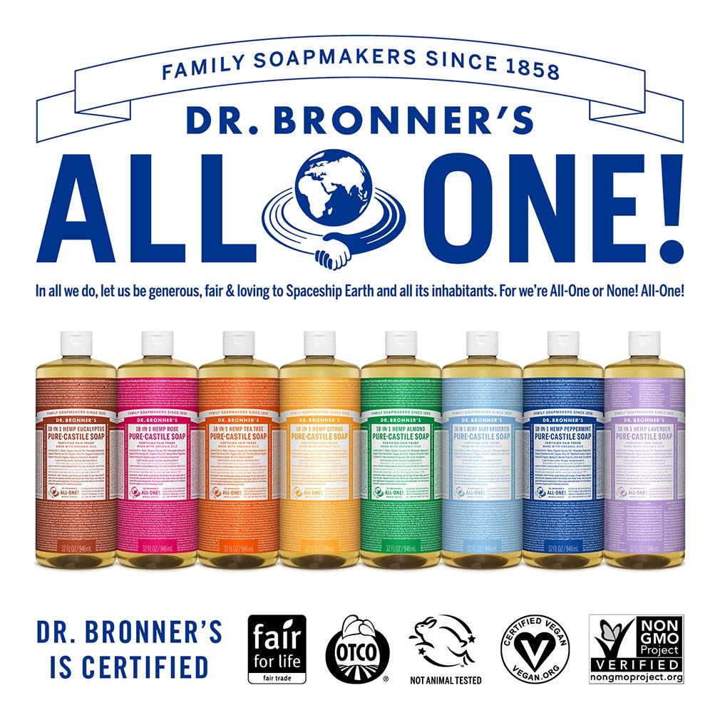 Dr. Bronners Pure-Castile Liquid Soap - Baby Unscented Bundle. 32 oz. Bottle and 2 oz. Travel Bottle