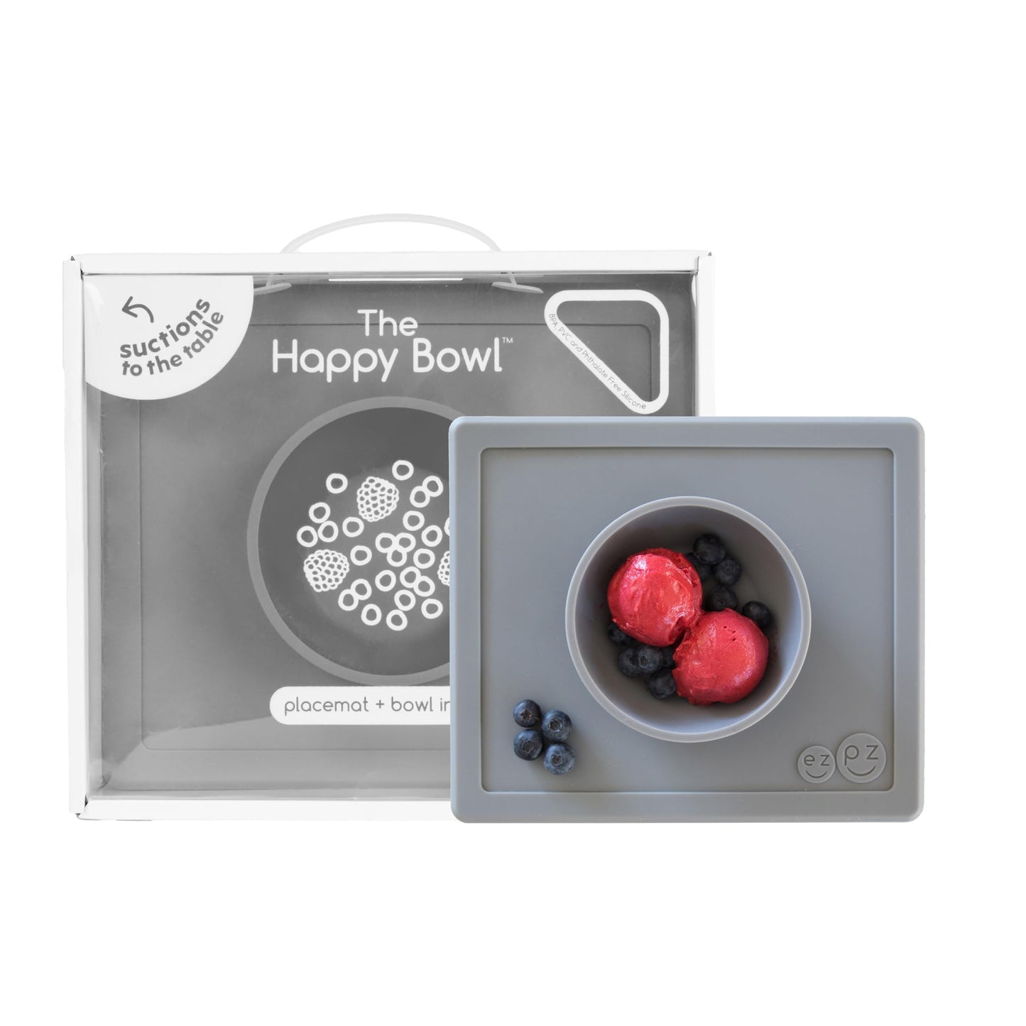 ezpz Happy Bowl - 24 Months + (Gray) - 100% Silicone Suction Bowl with Built-in Placemat - Dishwasher Safe