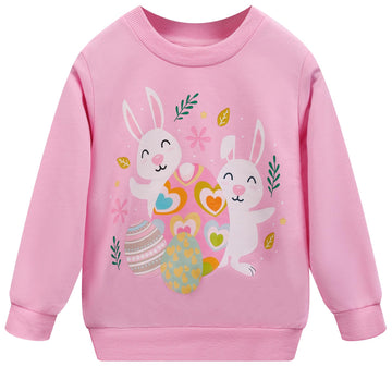 Akyzic Girls Easter Bunny Sweatshirts Long Sleeve Crewneck Eggs Tops Outfits Toddler Spring Pink Shirt Kids Easter Rabbit Sweate
