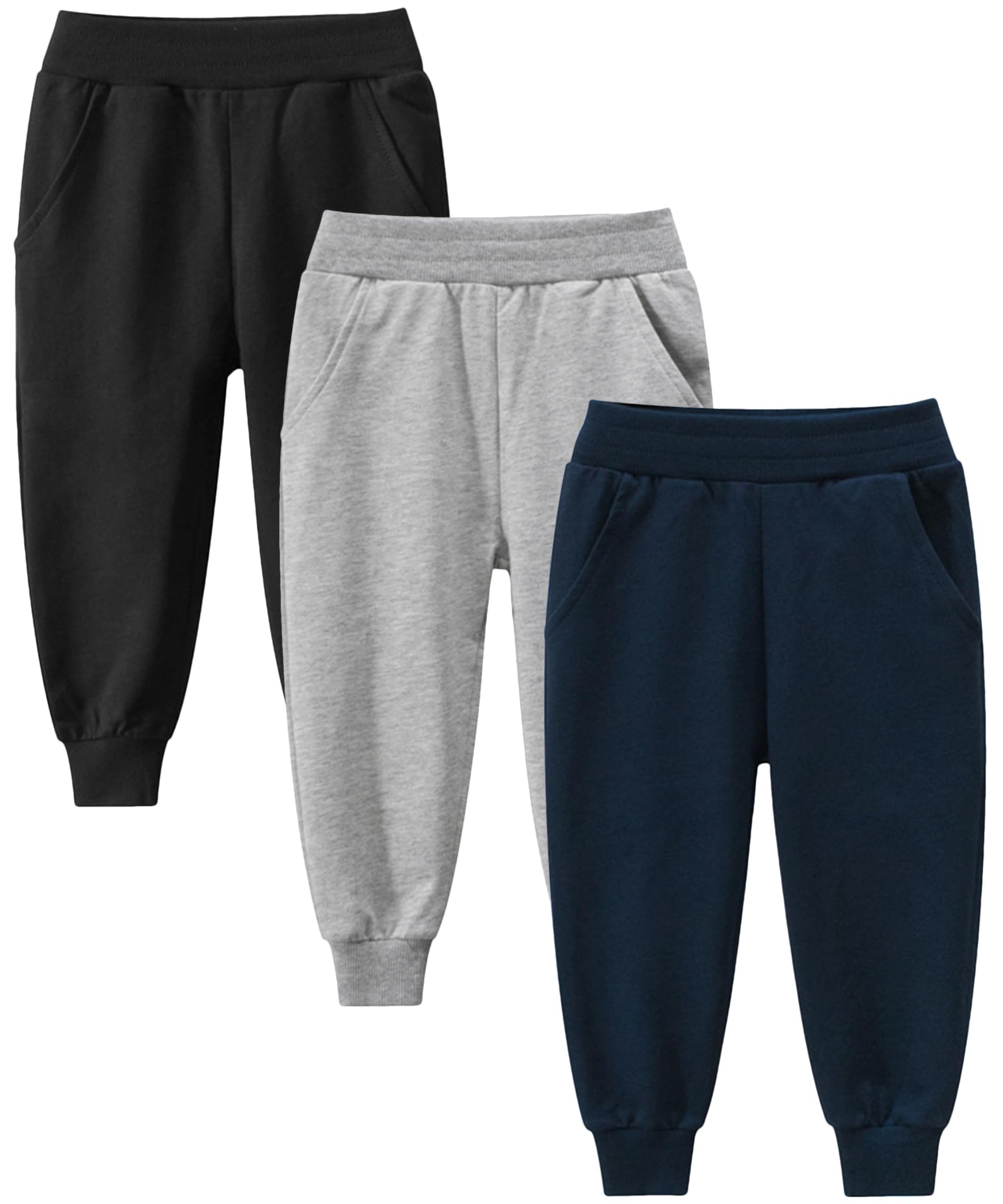 Gfqlong Toddler Boys 3 Pack Cotton Active Jogger Sweatpants,Kids Casual Athletic Solid Pocket Pull On Pants,Grey+Black+Navy