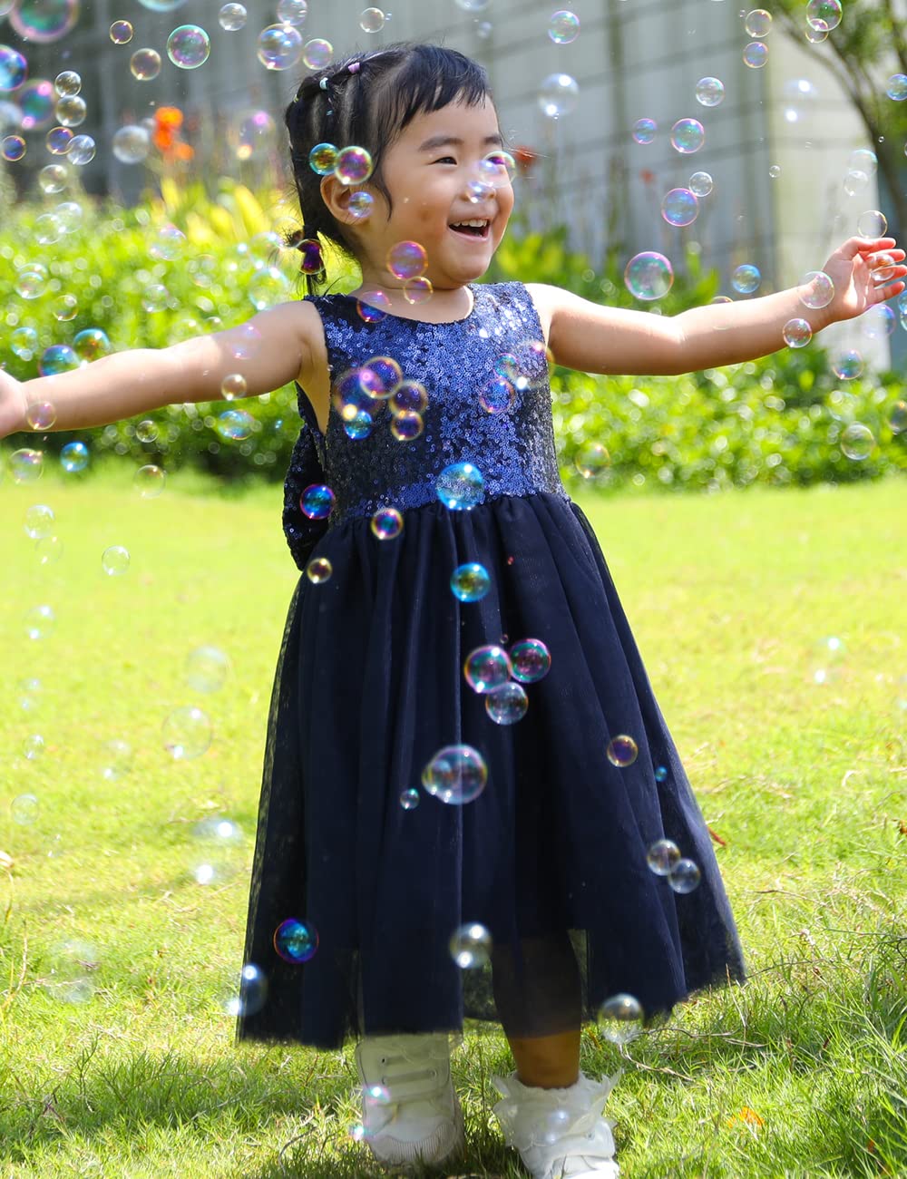 Cilucu Flower Girl Dress Baby Toddlers Sequin Dress Tutu Kids Party Dress Bridesmaid Wedding Gown Birthday Dress Navy 7-8Years