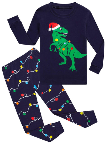 Kikizye Christmas Dinosaur Baby Boys Long Sleeve Pajamas 100% Cotton Holiday Sleepwears Blue Infant Size 18-24 Monthes