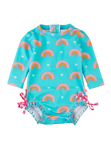 Rufflebutts Baby Girls Upf 50+ Sun Protection Novelty Print Long Sleeve One Piece Rash Guard Swimsuit With Zipper - Catching Rai