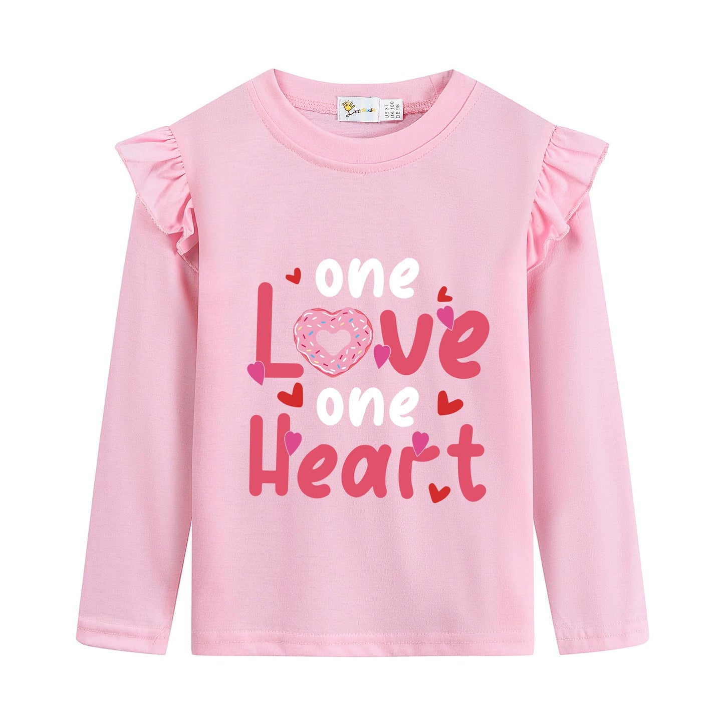 Kids Girls Love Shirts Crewneck Cute Valentine Donut Cotton Long Sleeve Ruffled T Shirts Kid Pullover Tops 3-4 Years