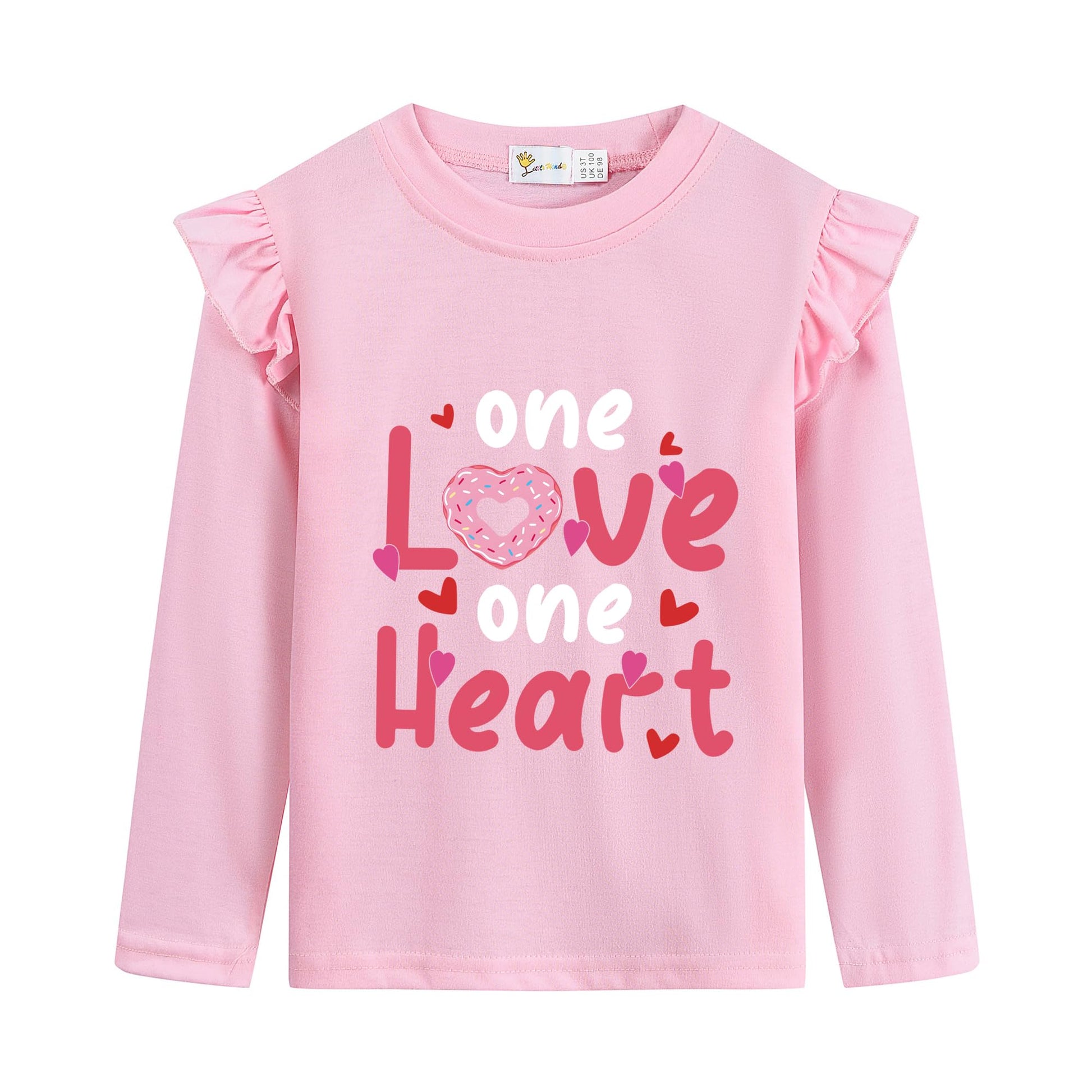 Kids Girls Love Shirts Crewneck Cute Valentine Donut Cotton Long Sleeve Ruffled T Shirts Kid Pullover Tops 3-4 Years