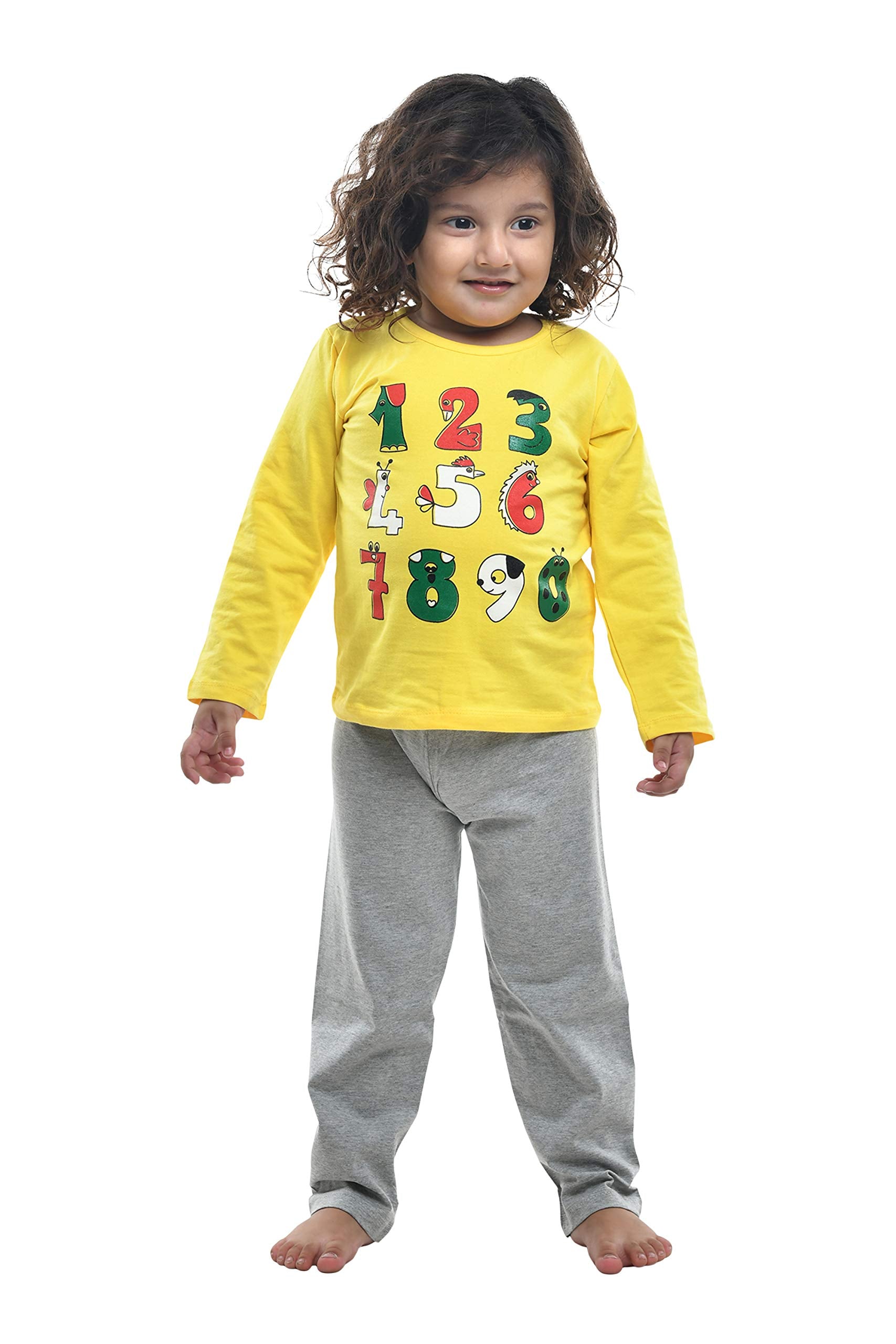 FUNKRAFTS Kids Full Sleeves Night Suit Numbers Print  Yellow Grey