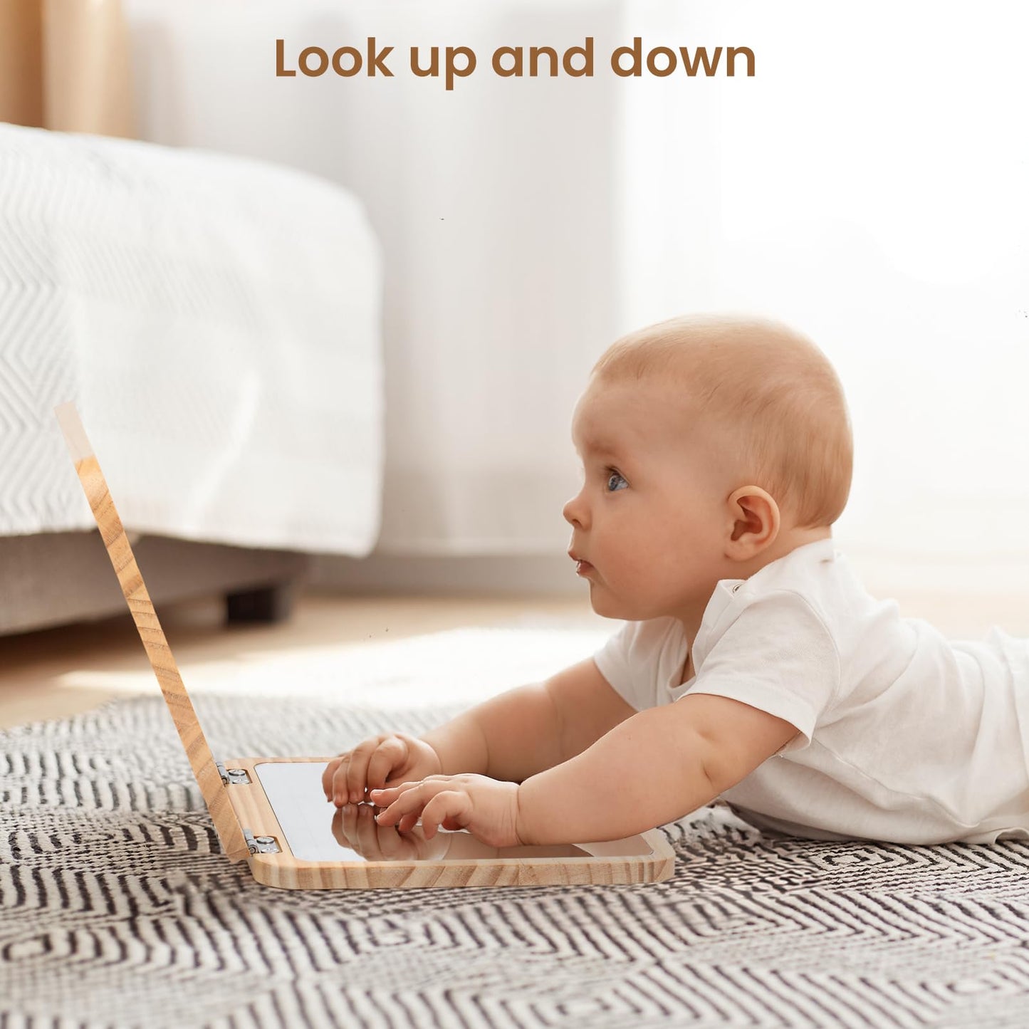 Woodtoe Tummy Time Mirror for Infant, 0-180 Adjustable Baby Mirrors with 15 Black and White Educational Cards, Shatterproof & Po